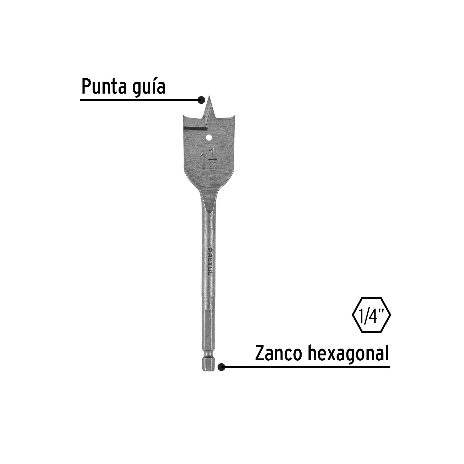 Broca plana de manita 1-1/8" para madera, PRETUL
