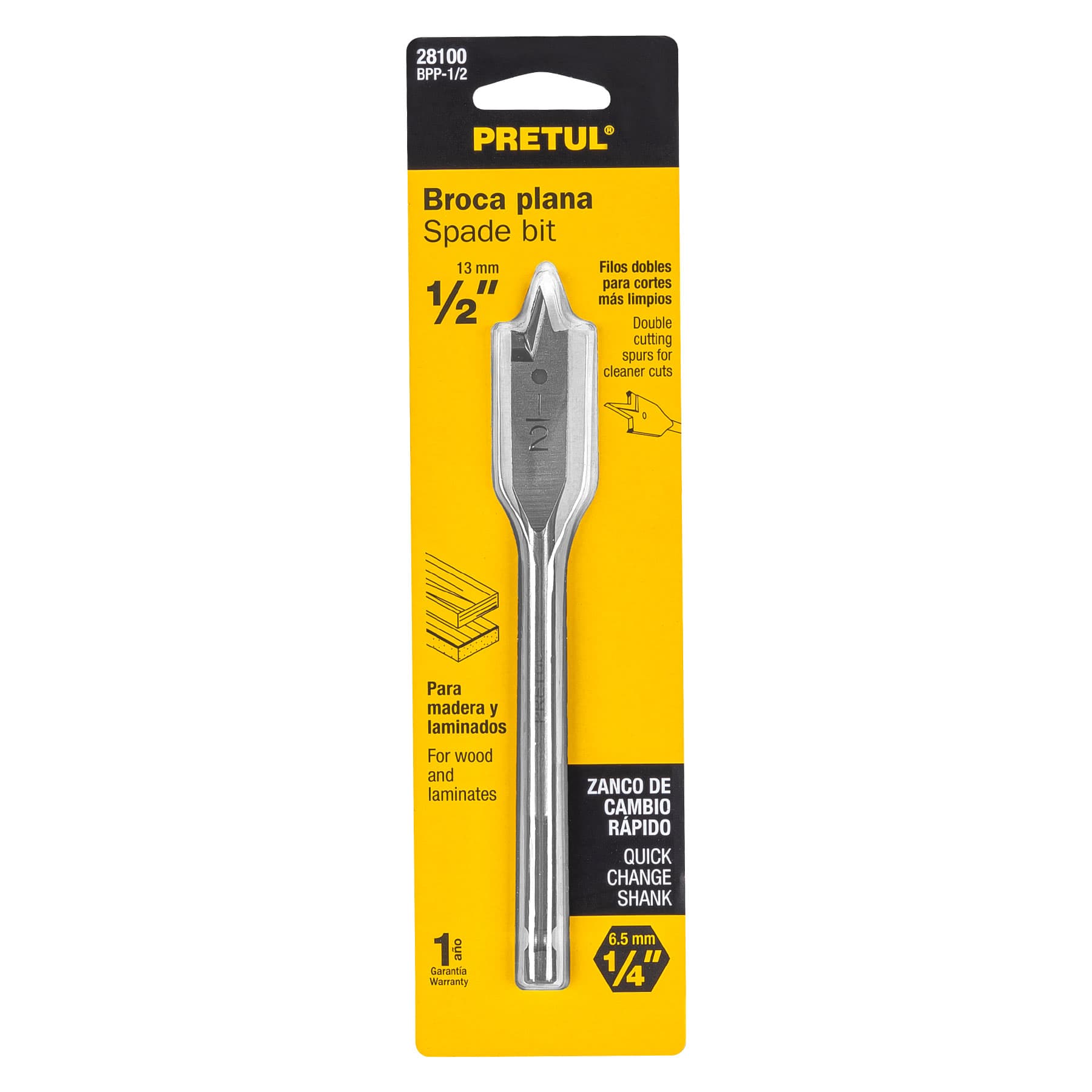 Broca plana de manita 1/2" para madera, PRETUL