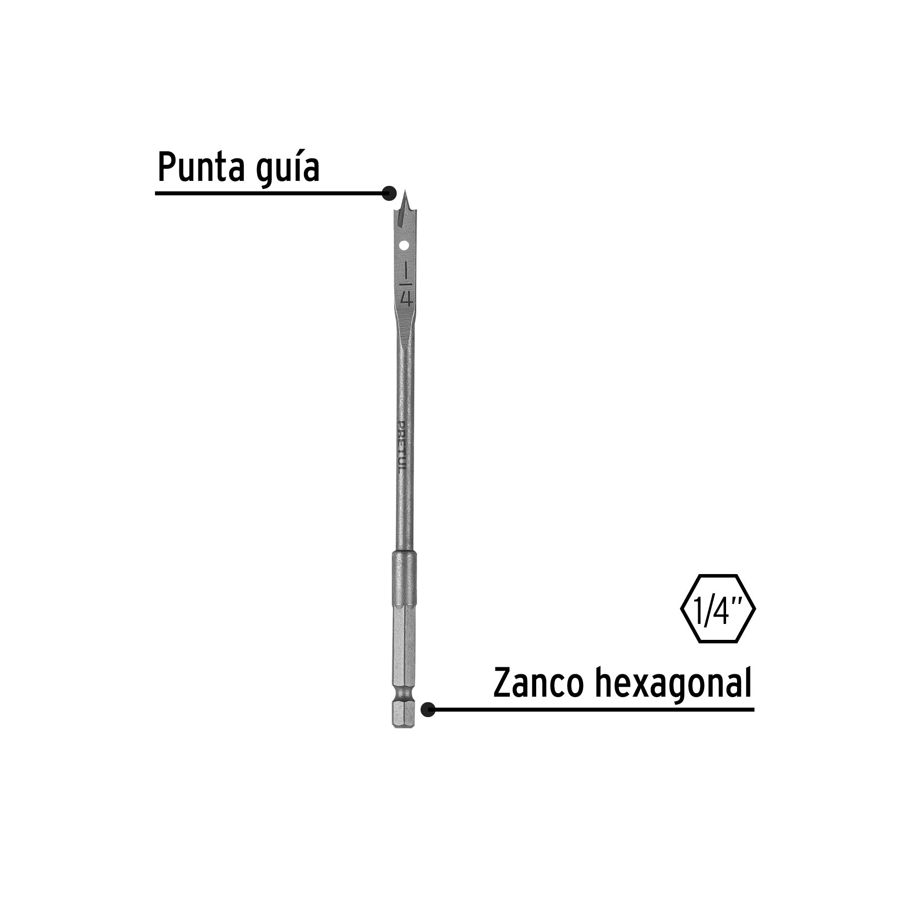 Broca plana de manita 1/4" para madera, PRETUL