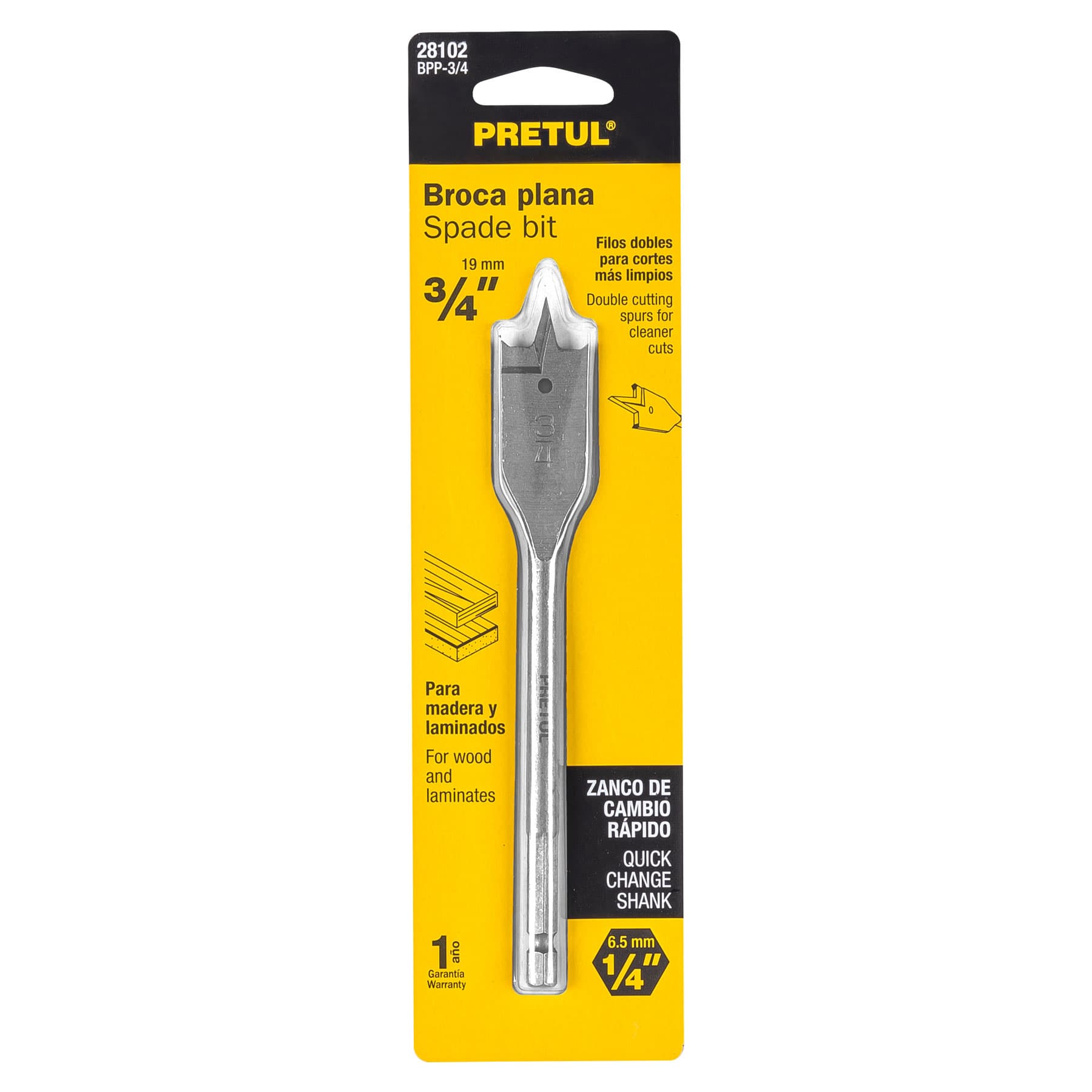 Broca plana de manita 3/4" para madera, PRETUL