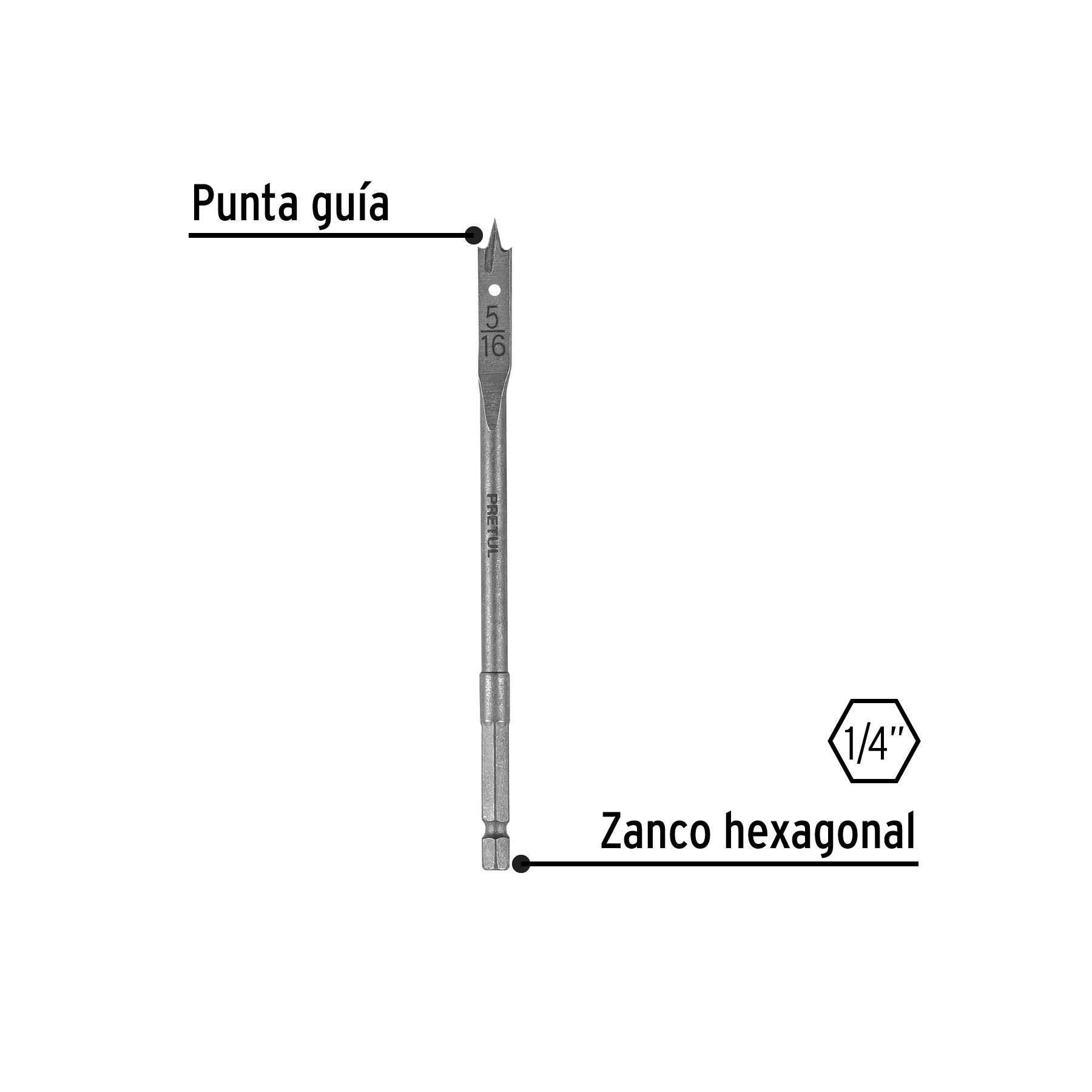 Broca plana de manita 5/16" para madera, PRETUL