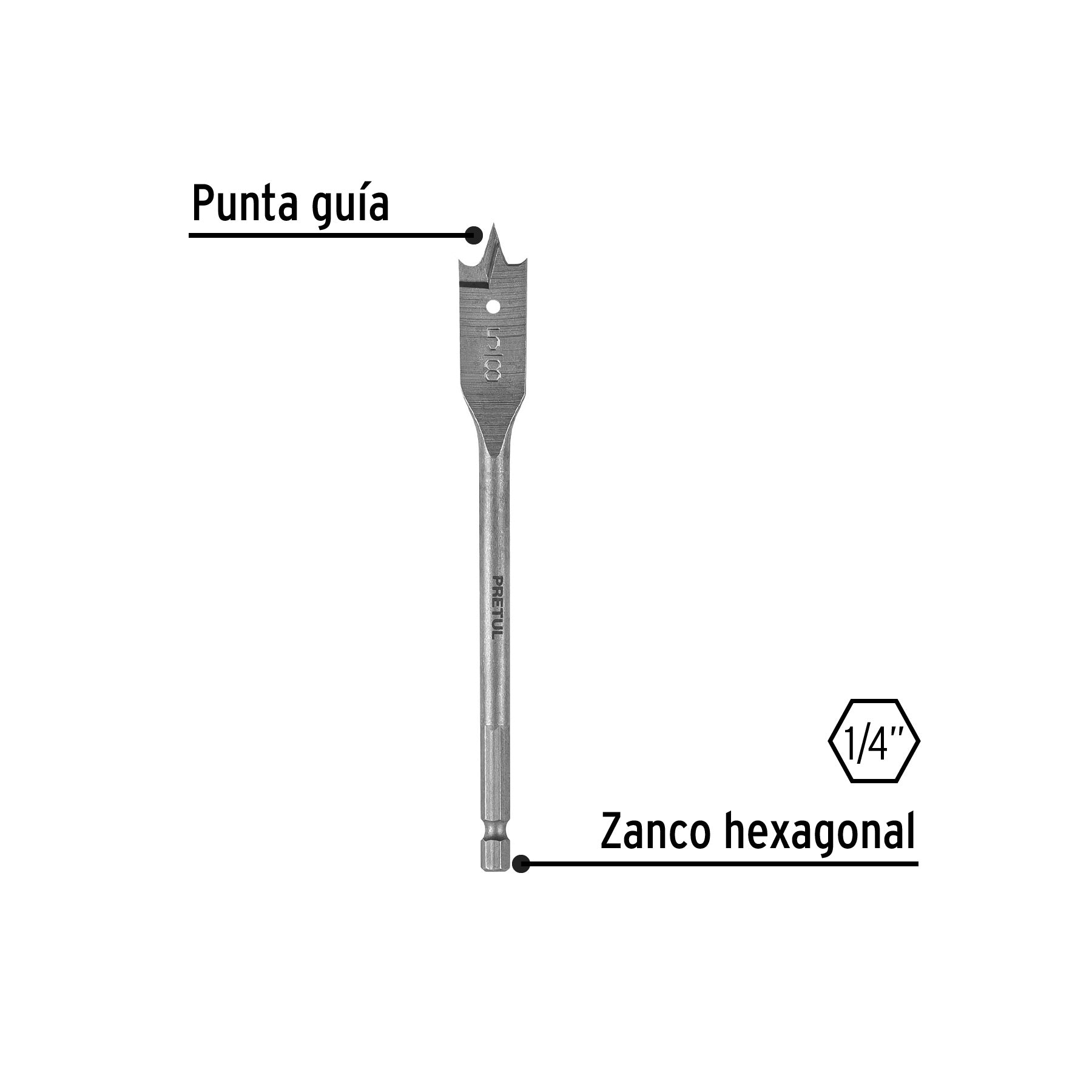 Broca plana de manita 5/8" para madera, PRETUL