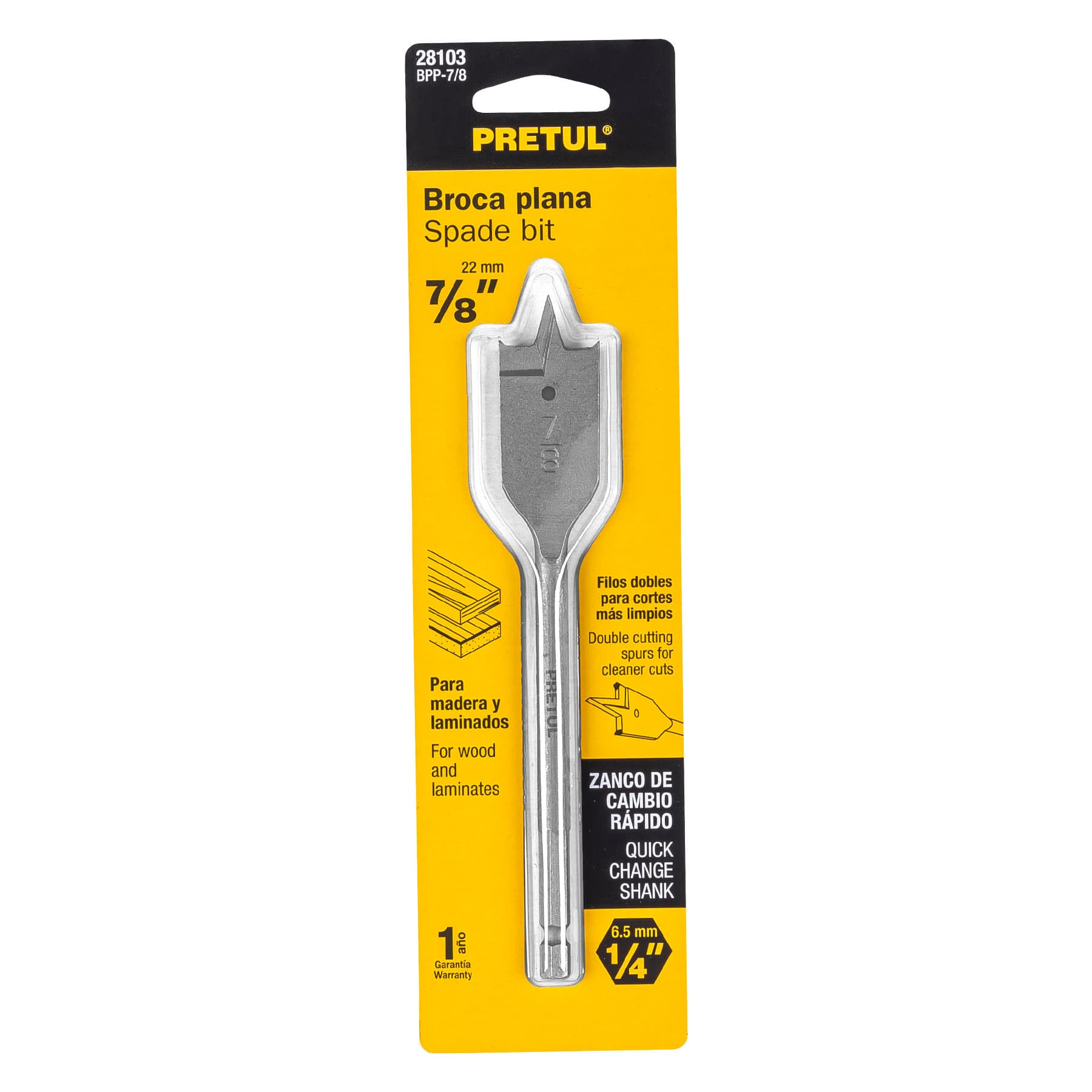 Broca plana de manita 7/8" para madera, PRETUL
