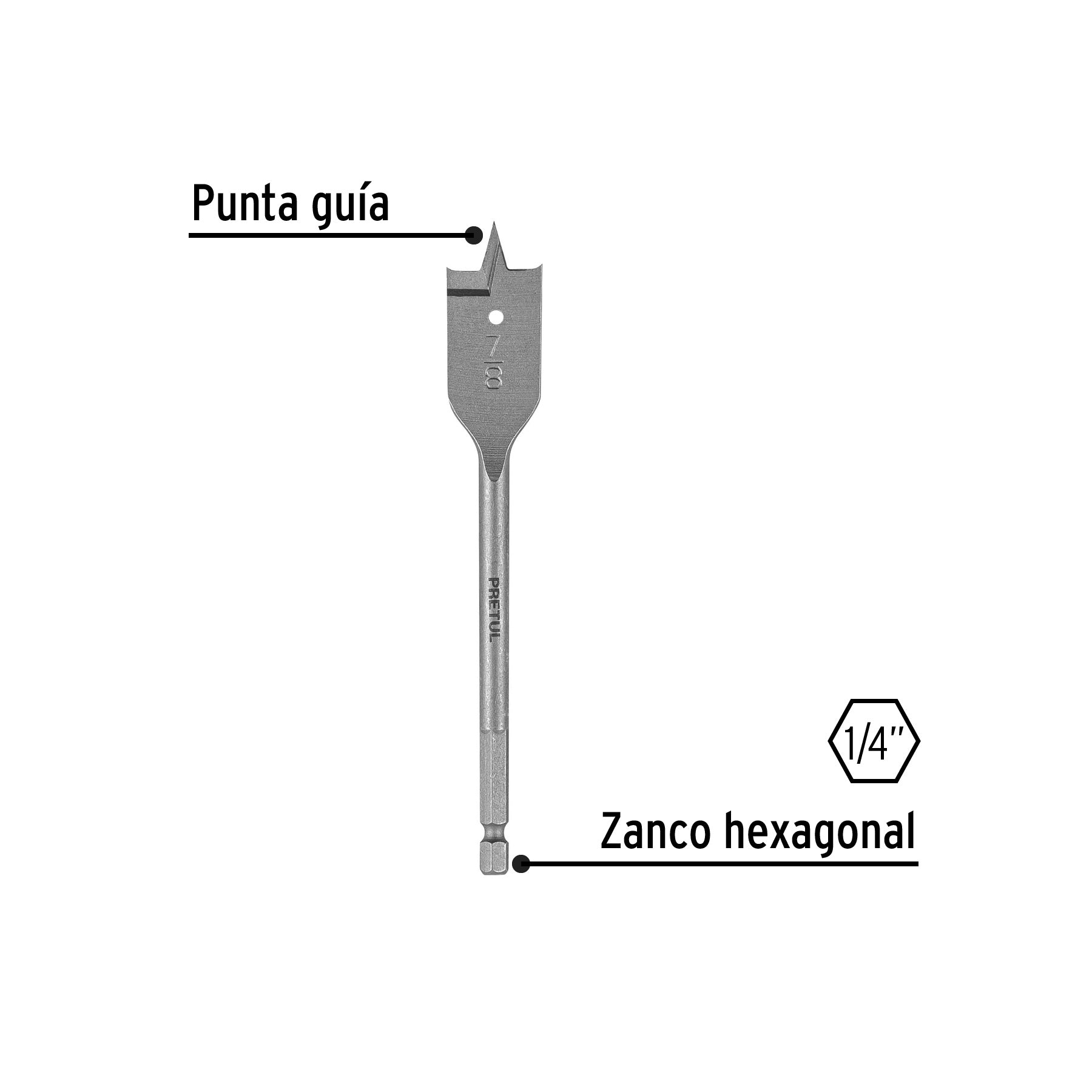 Broca plana de manita 7/8" para madera, PRETUL