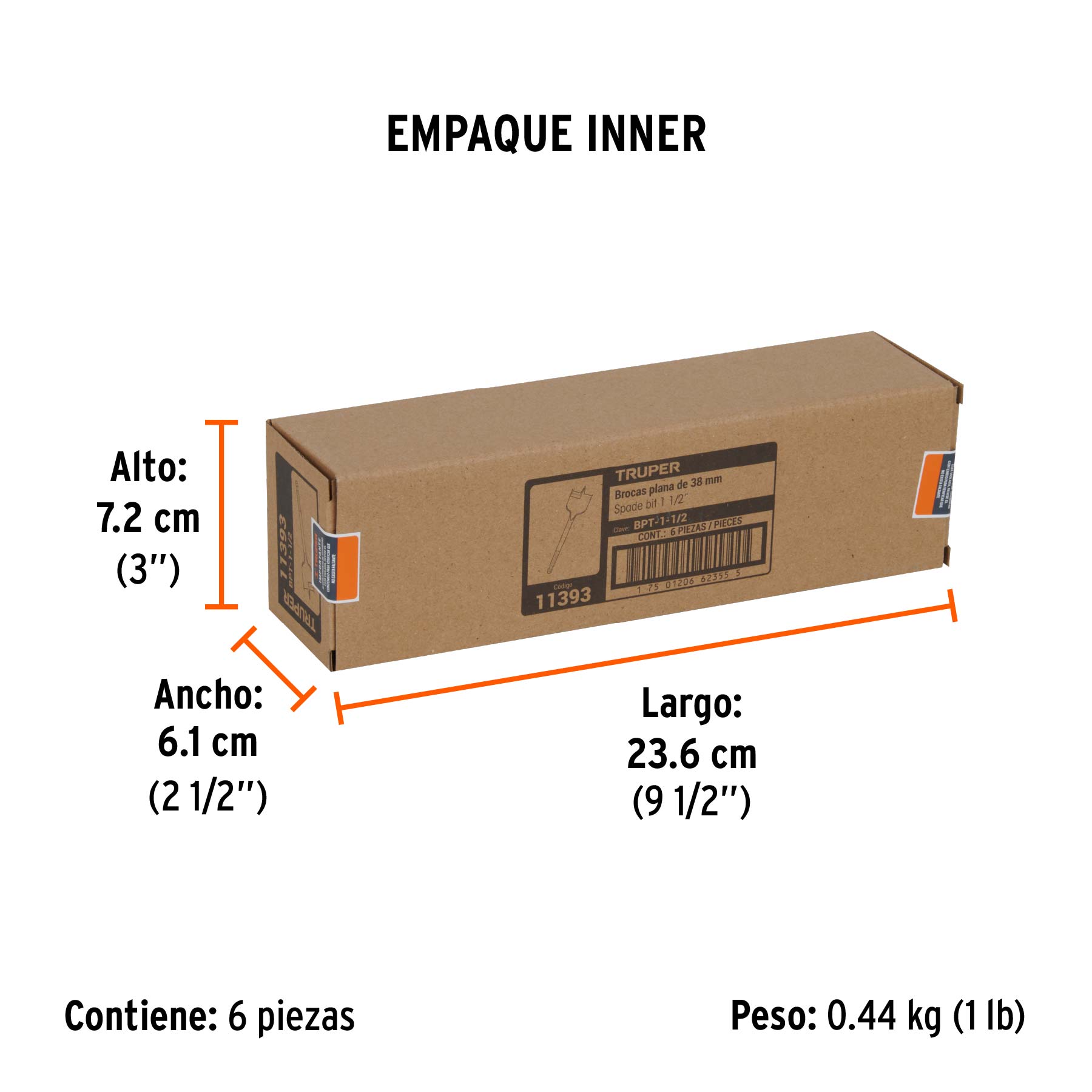 Broca plana de manita 1-1/2" para madera, TRUPER - Empaque