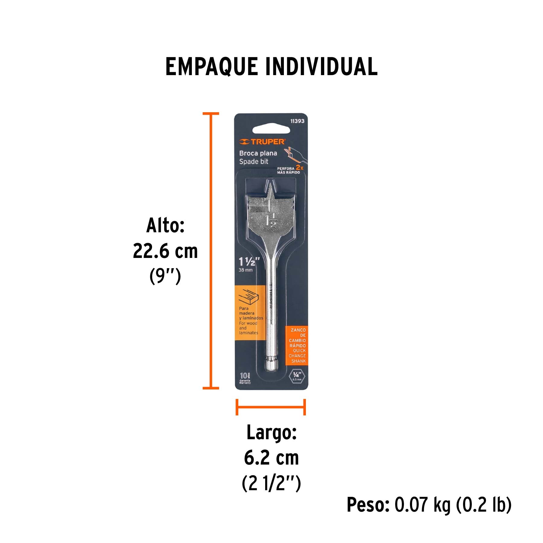 Broca plana de manita 1-1/2" para madera, TRUPER - Empaque