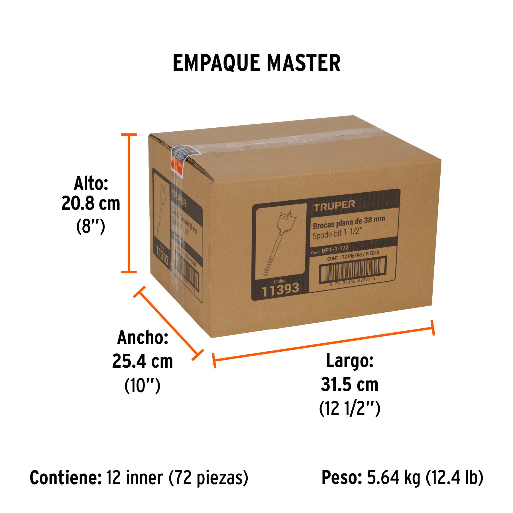 Broca plana de manita 1-1/2" para madera, TRUPER - Empaque