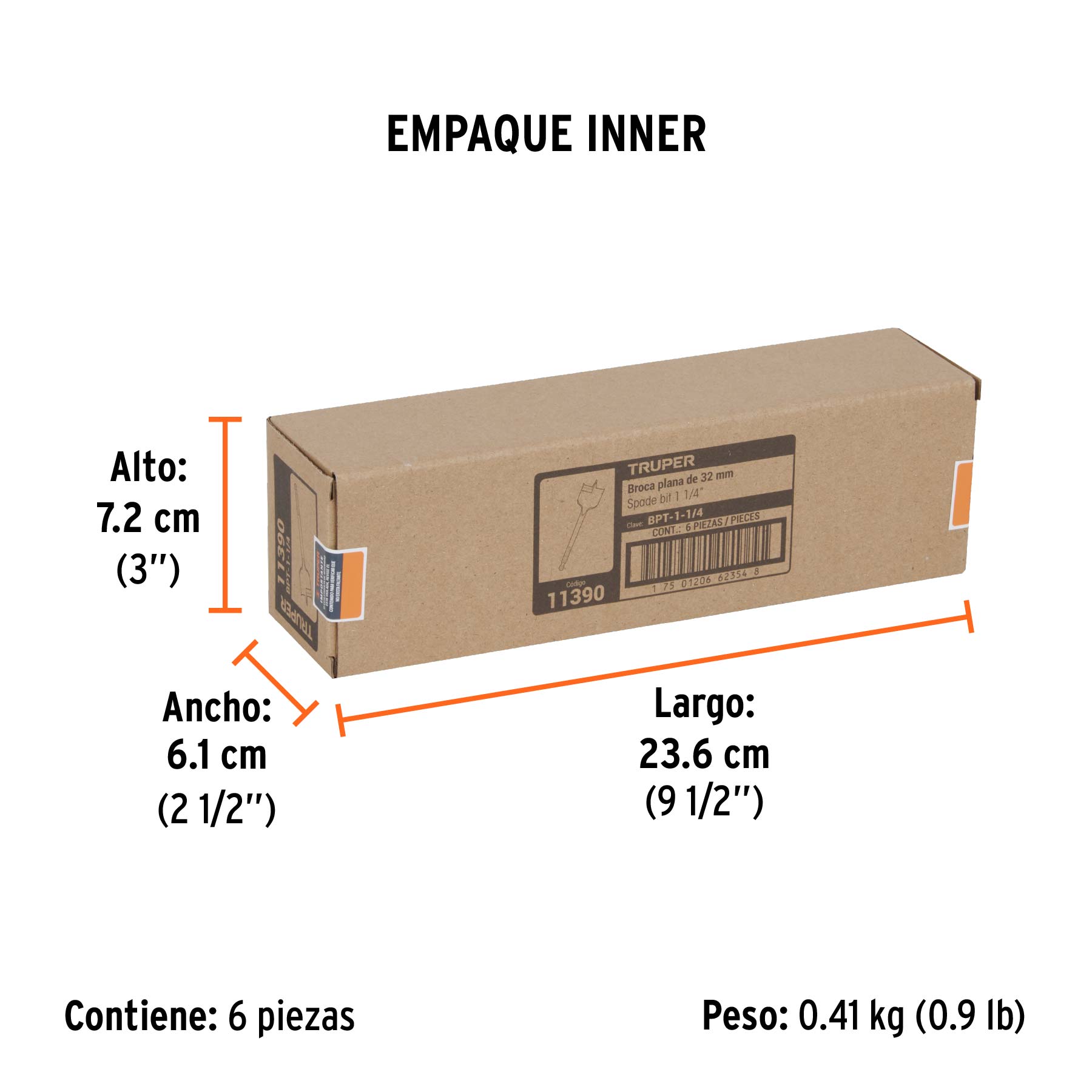 Broca plana de manita 1-1/4" para madera, TRUPER - Empaque