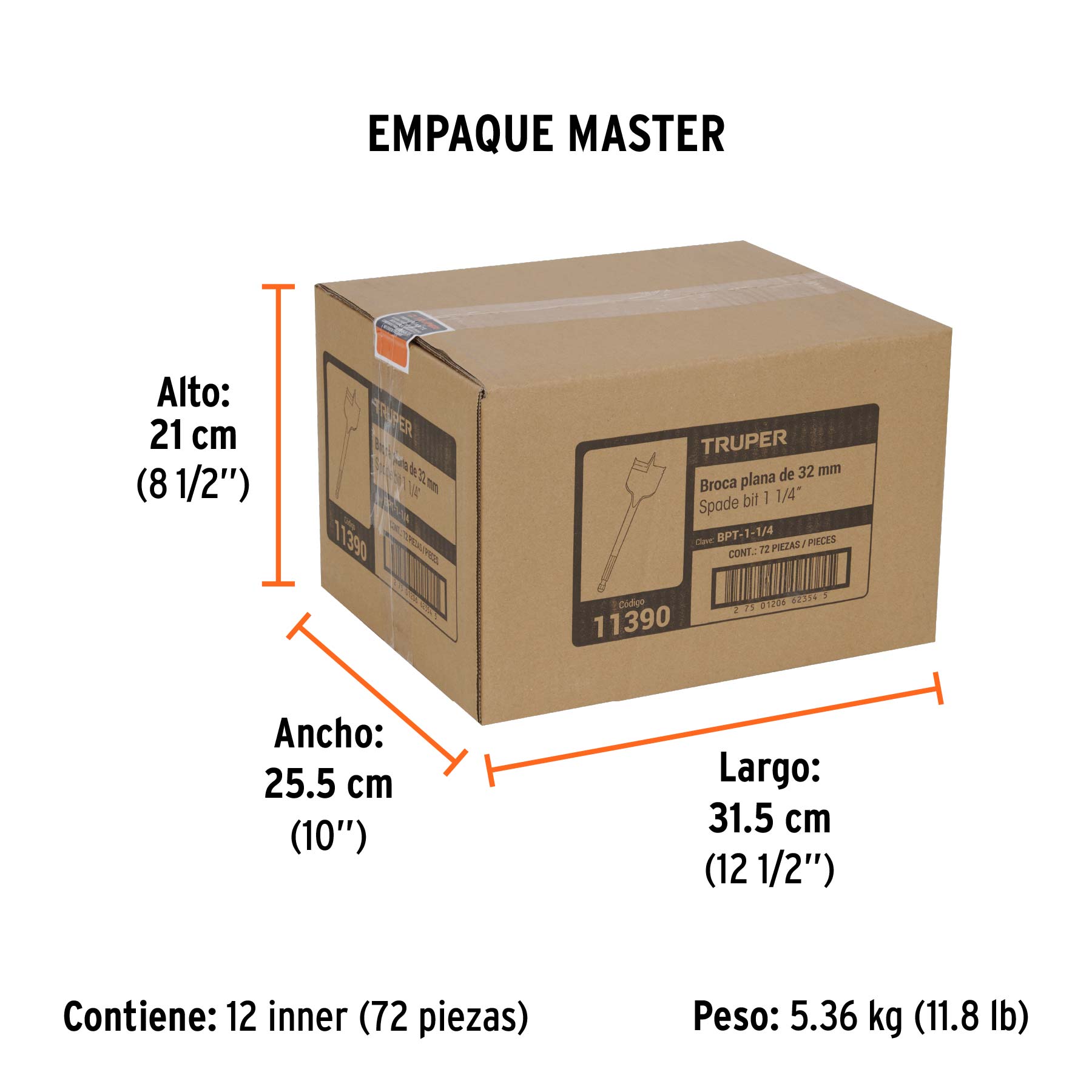 Broca plana de manita 1-1/4" para madera, TRUPER - Empaque