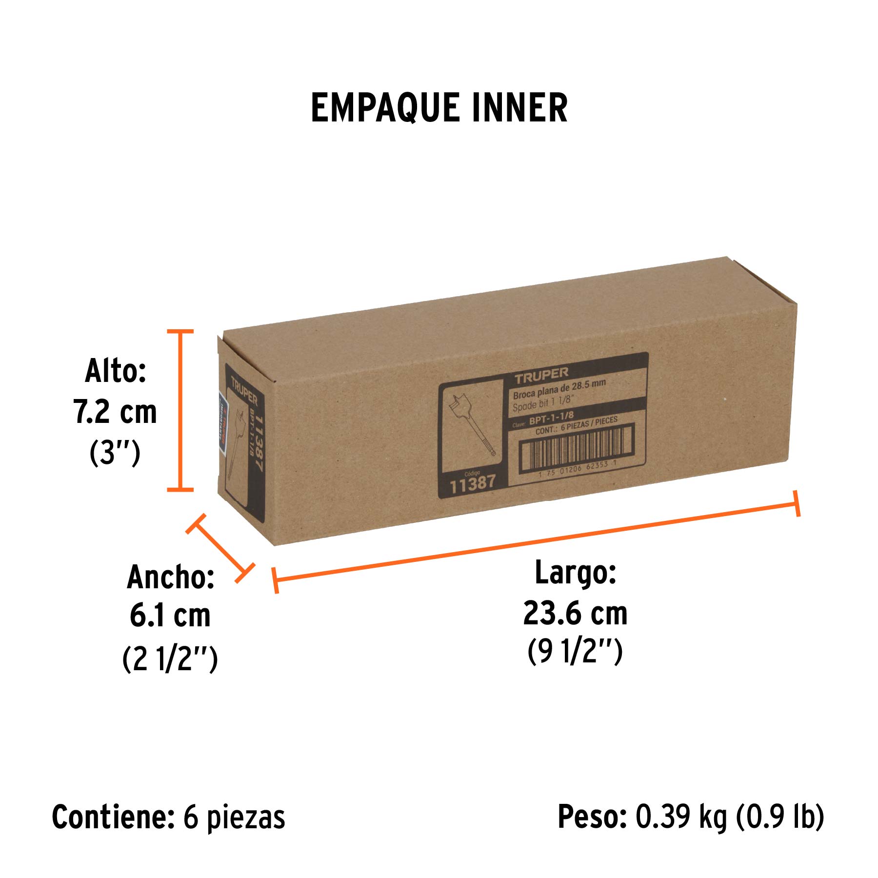 Broca plana de manita 1-1/8" para madera, TRUPER - Empaque