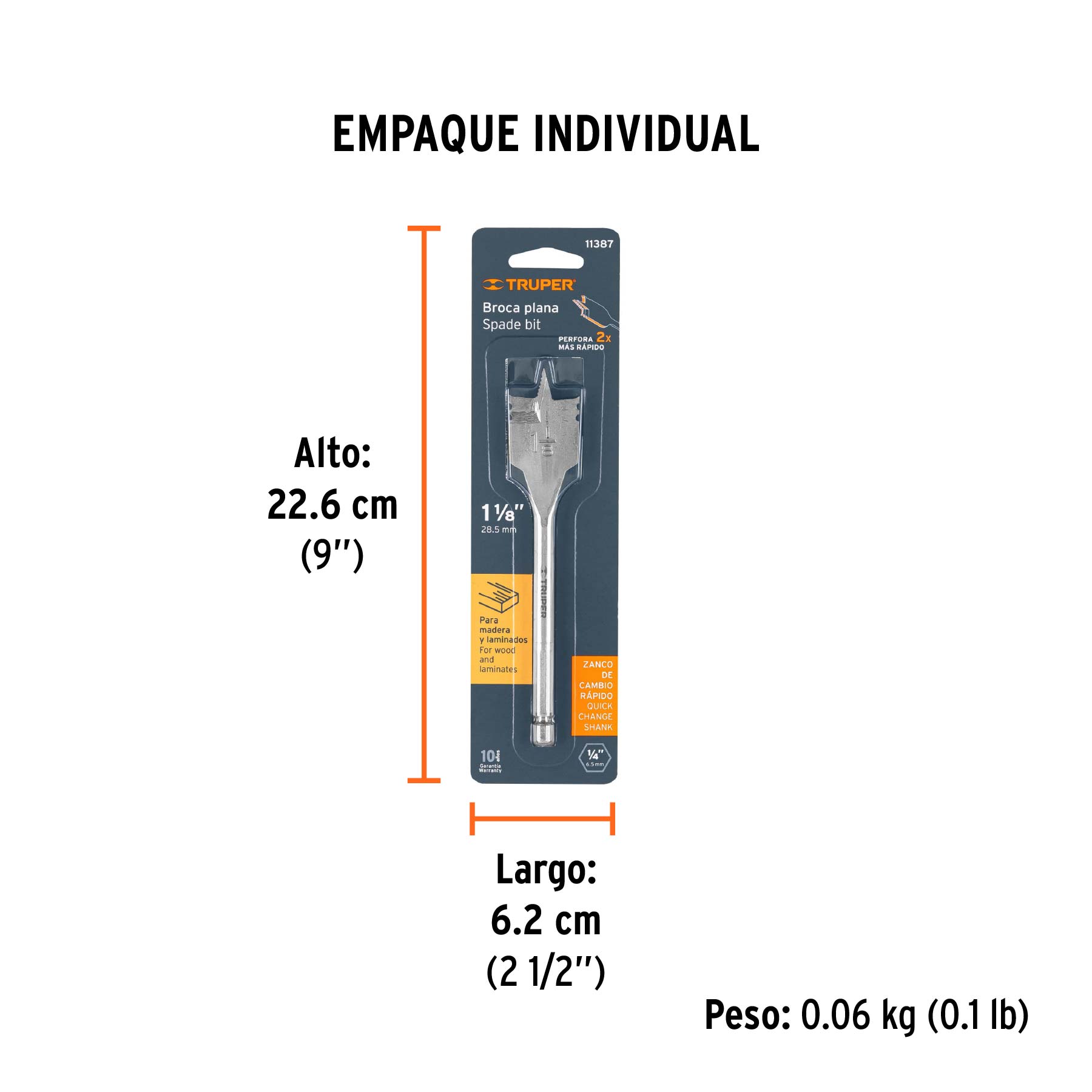 Broca plana de manita 1-1/8" para madera, TRUPER - Empaque
