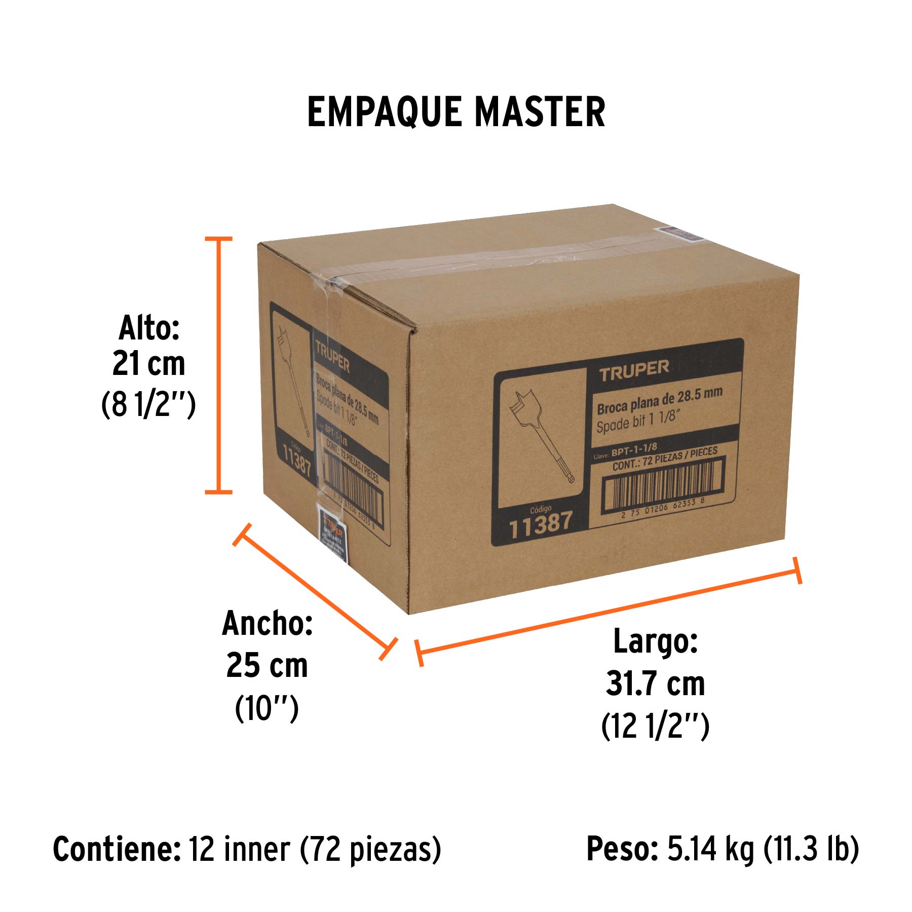 Broca plana de manita 1-1/8" para madera, TRUPER - Empaque