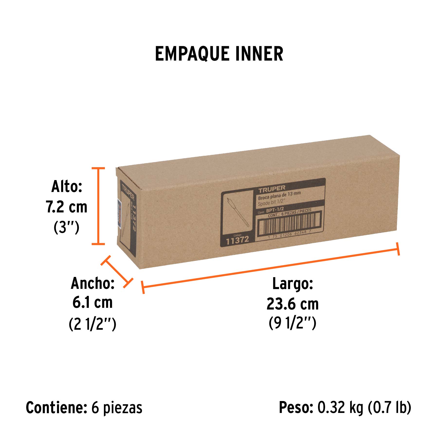 Broca plana de manita 1/2" para madera, TRUPER - Empaque