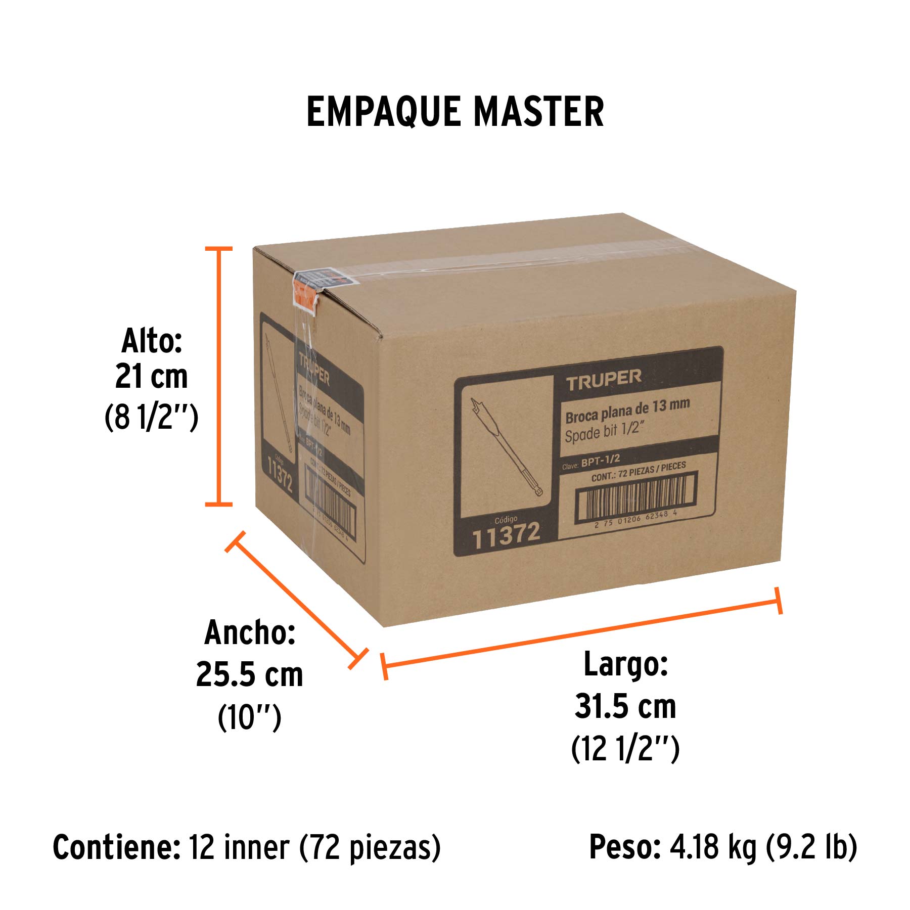 Broca plana de manita 1/2" para madera, TRUPER - Empaque