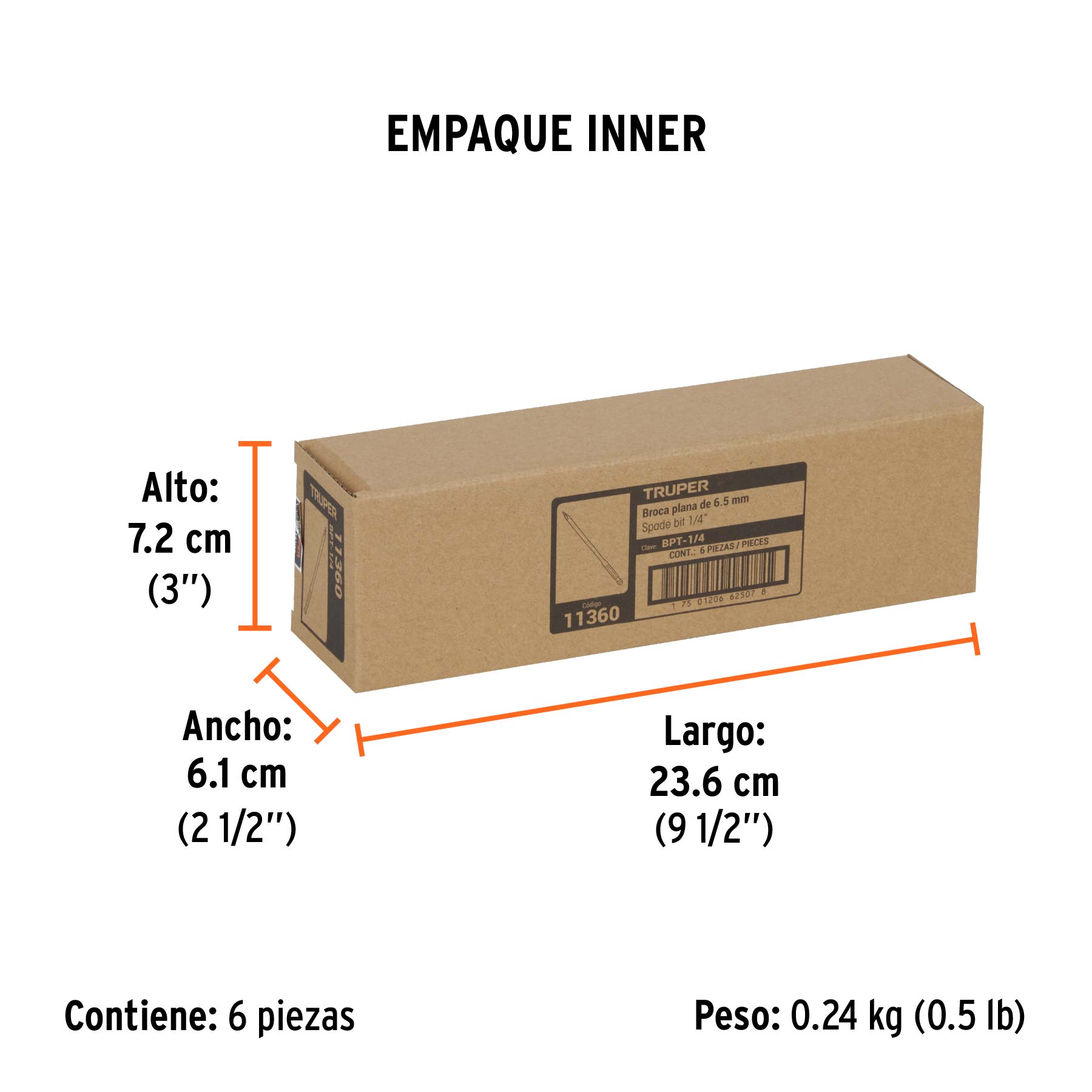 Broca plana de manita 1/4" para madera, TRUPER - Empaque
