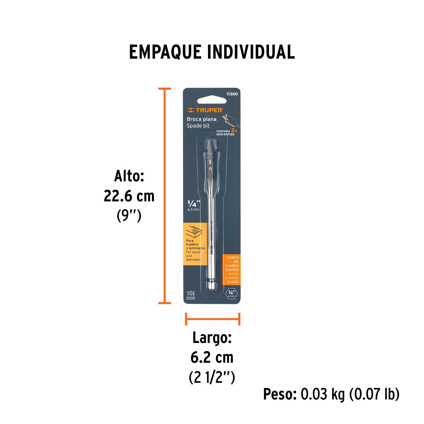 Broca plana de manita 1/4" para madera, TRUPER - Empaque