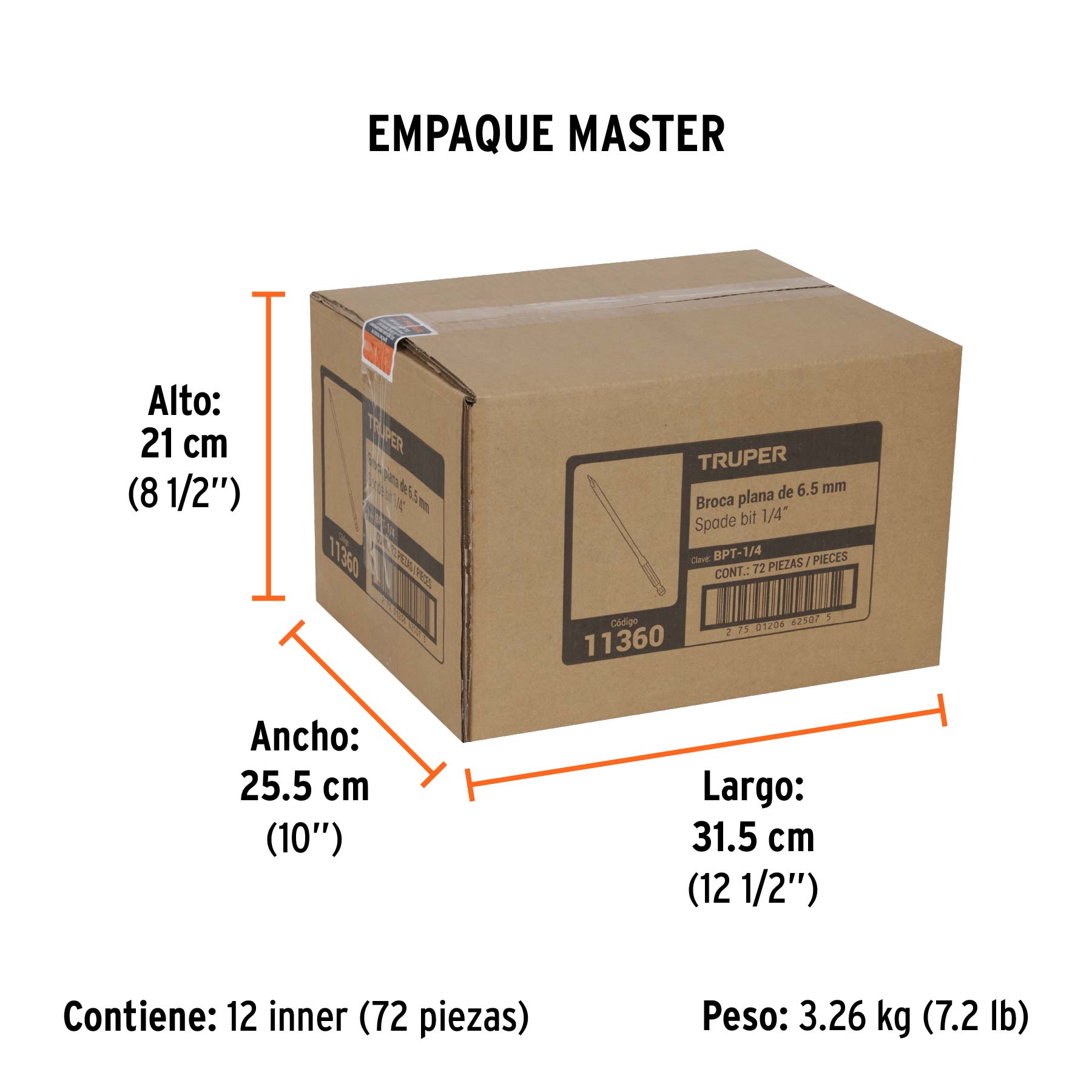 Broca plana de manita 1/4" para madera, TRUPER - Empaque