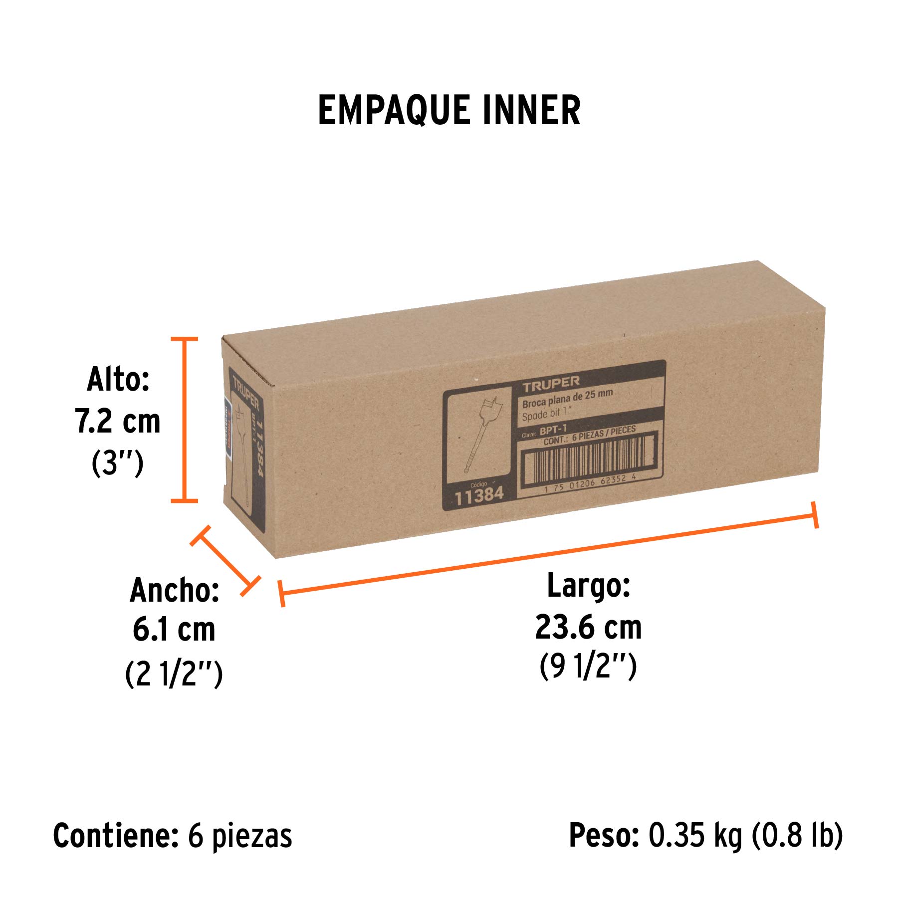 Broca plana de manita 1" para madera, TRUPER - Empaque