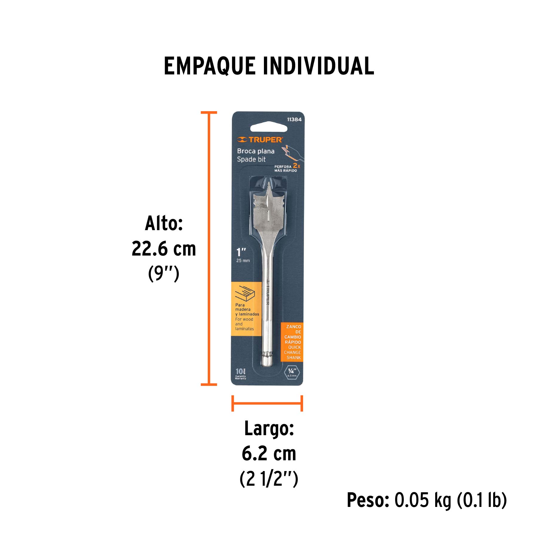 Broca plana de manita 1" para madera, TRUPER - Empaque
