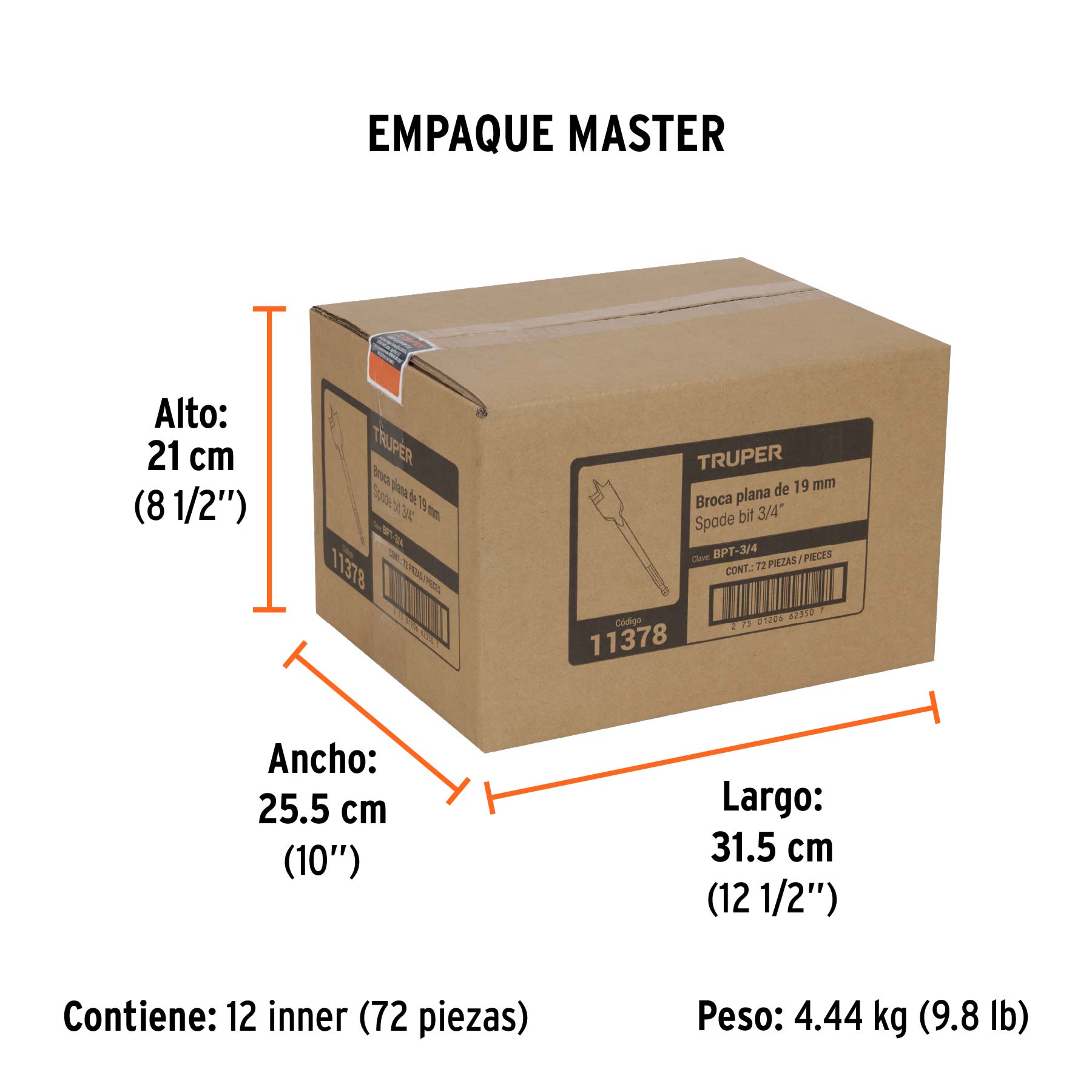 Broca plana de manita 3/4" para madera, TRUPER - Empaque