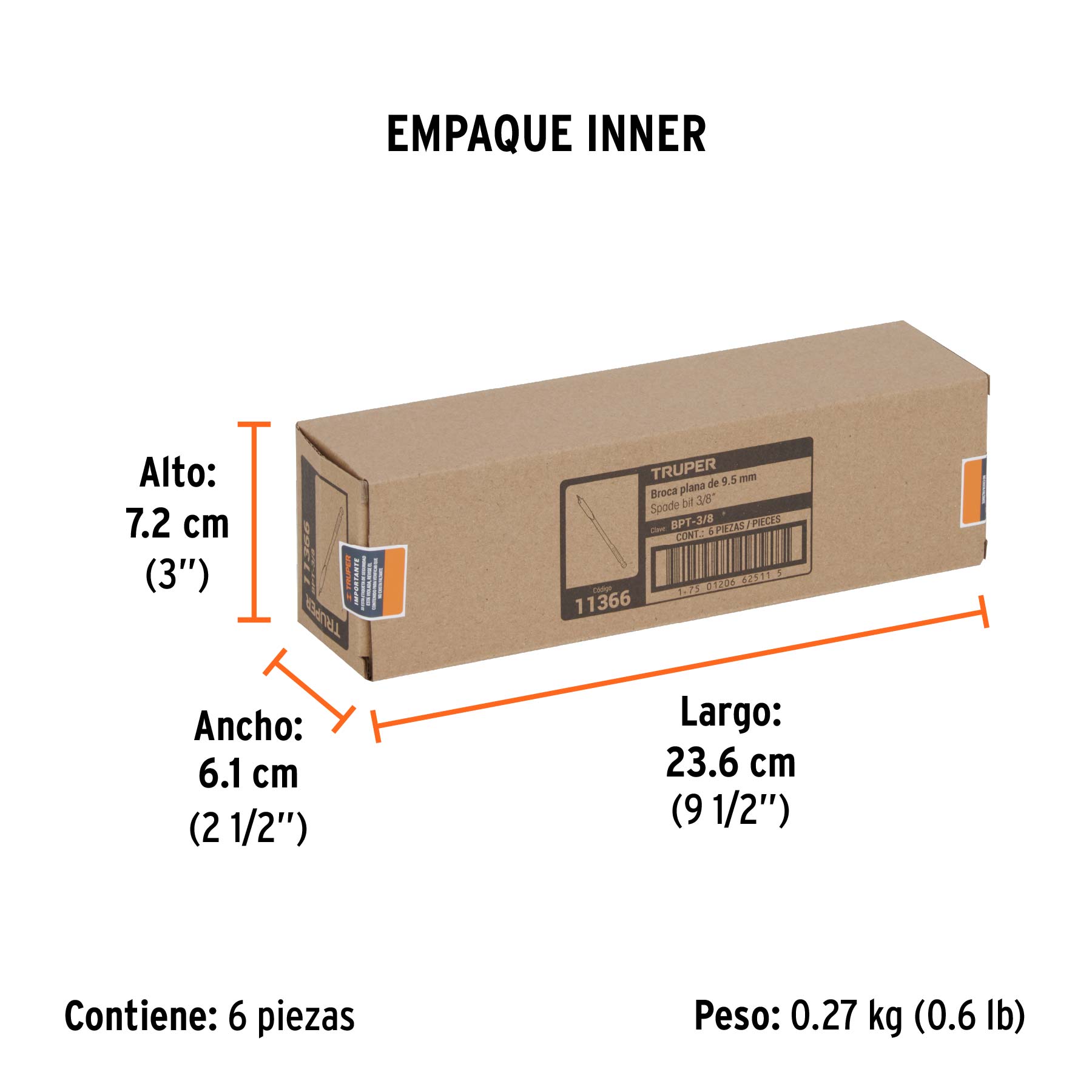 Broca plana de manita 3/8" para madera, TRUPER - Empaque