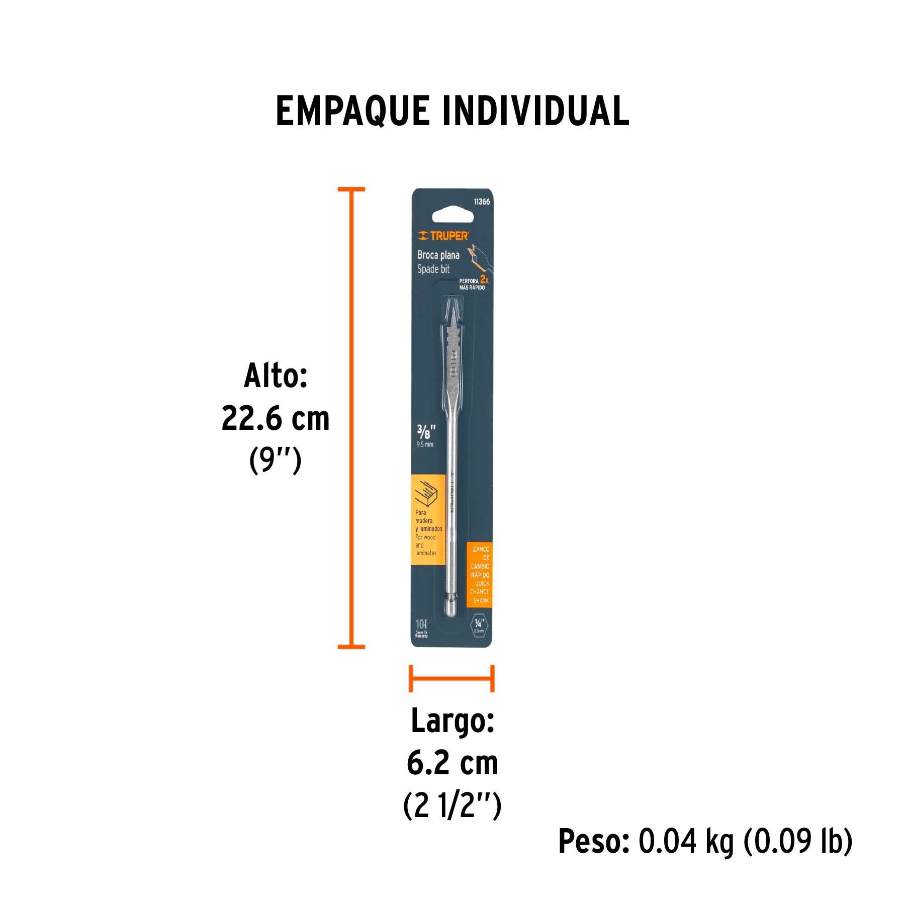 Broca plana de manita 3/8" para madera, TRUPER - Empaque