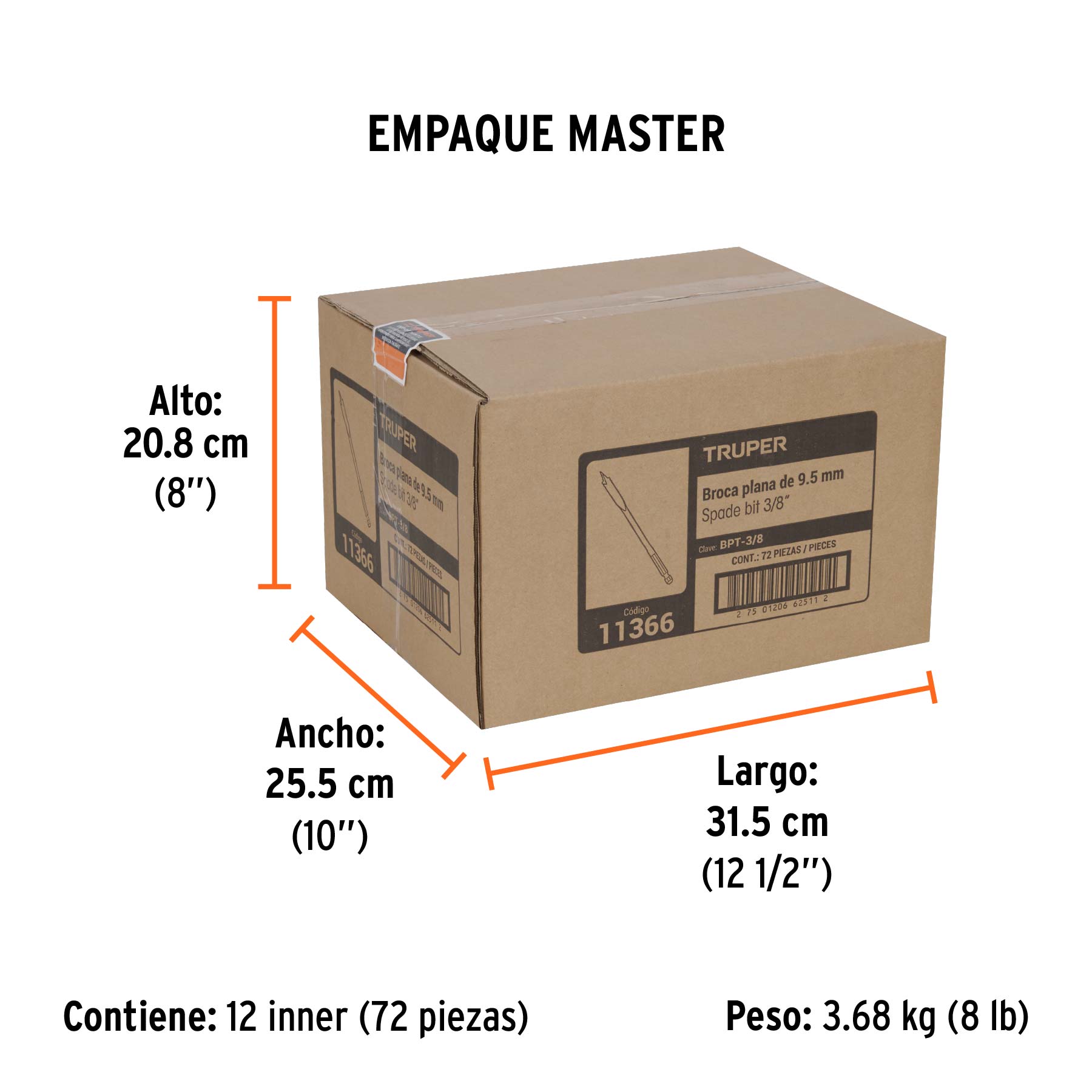 Broca plana de manita 3/8" para madera, TRUPER - Empaque