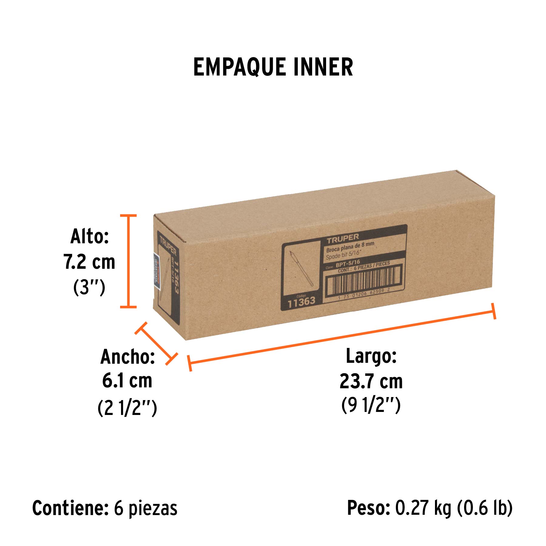 Broca plana de manita 5/16" para madera, TRUPER - Empaque
