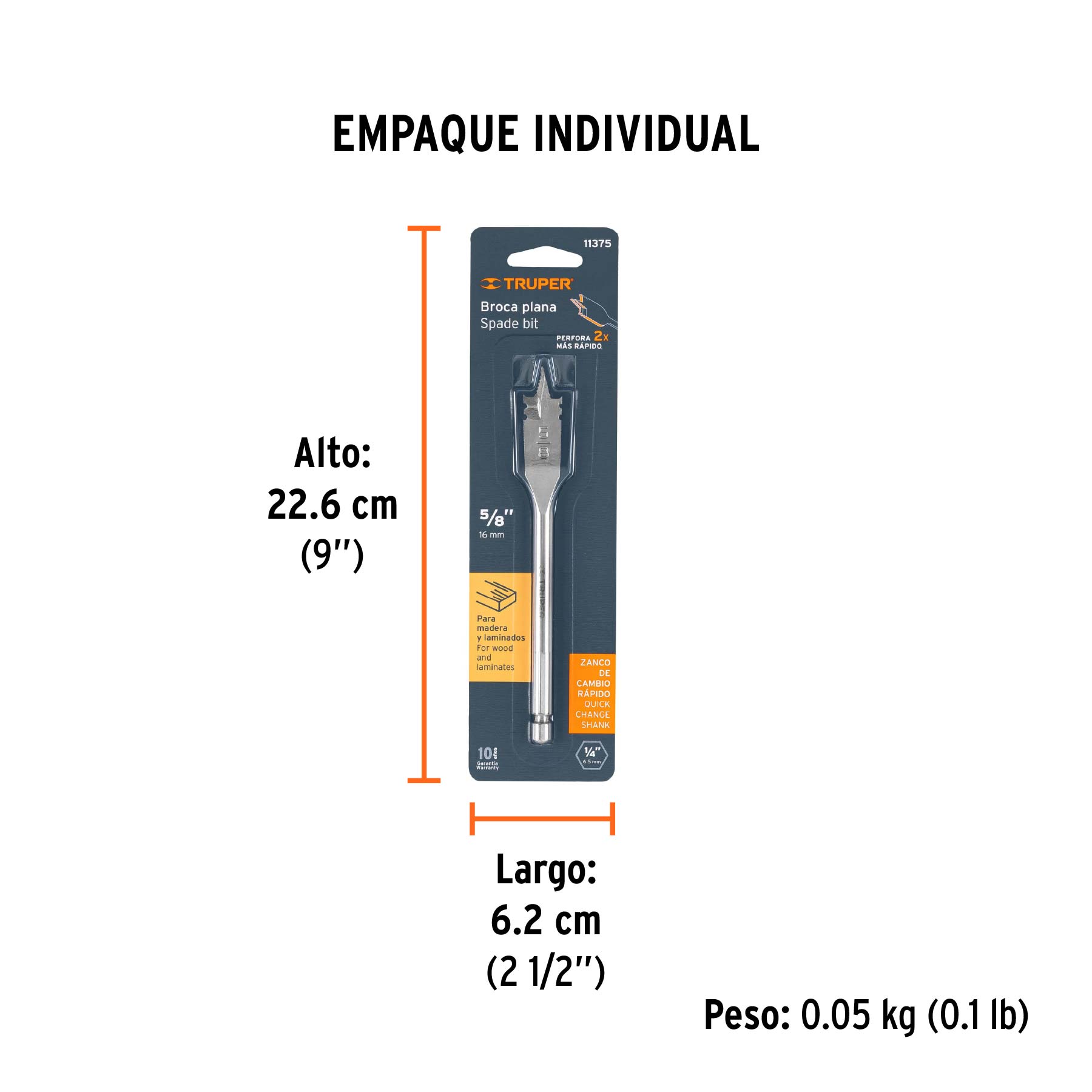 Broca plana de manita 5/8" para madera, TRUPER - Empaque