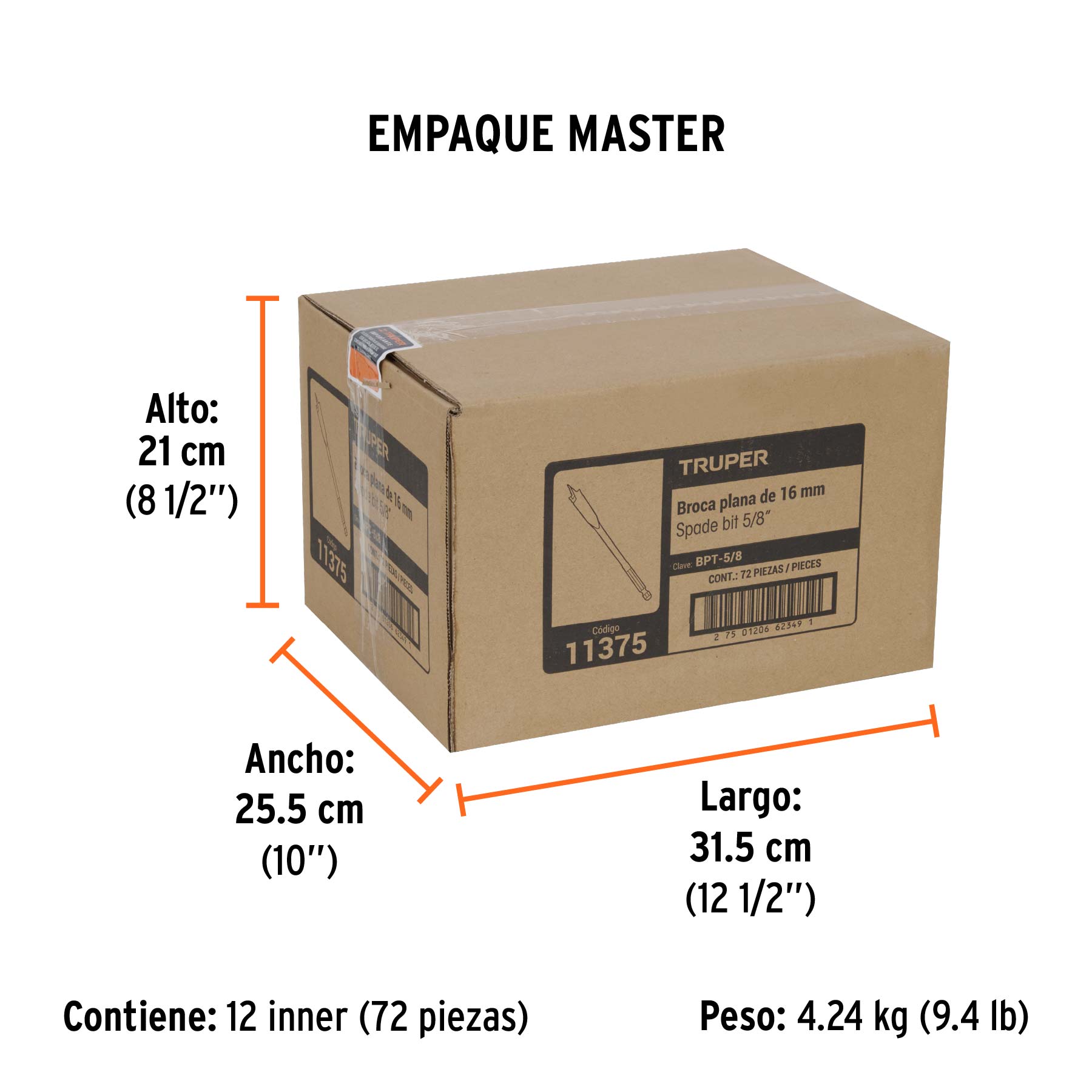 Broca plana de manita 5/8" para madera, TRUPER - Empaque