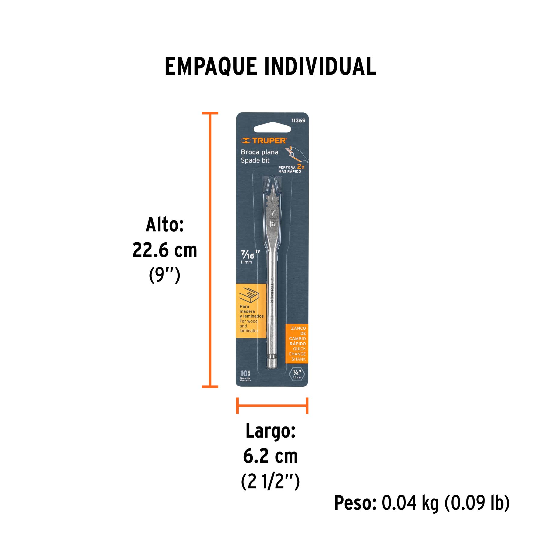 Broca plana de manita 7/16" para madera, TRUPER - Empaque