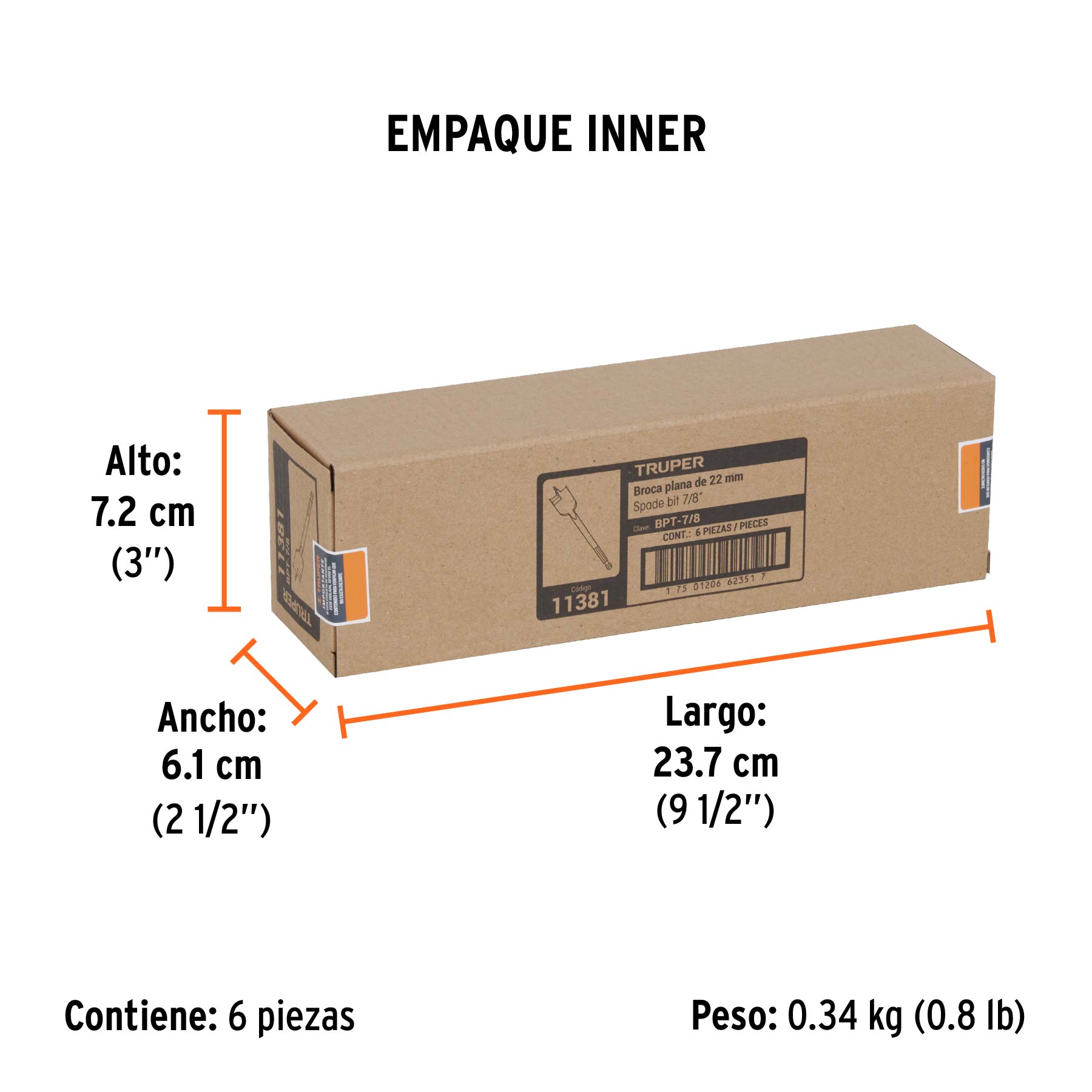 Broca plana de manita 7/8" para madera, TRUPER - Empaque