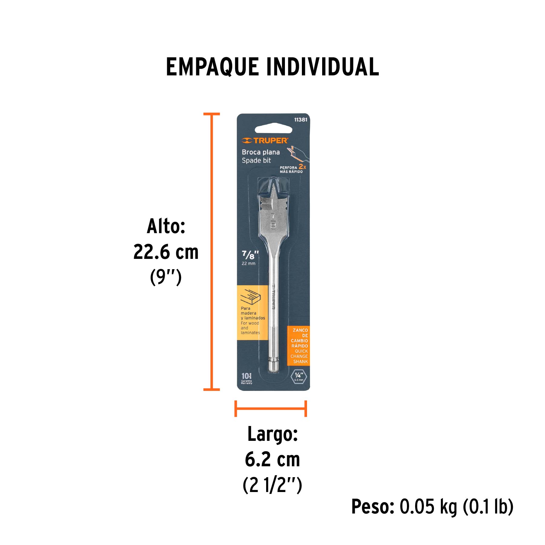 Broca plana de manita 7/8" para madera, TRUPER - Empaque