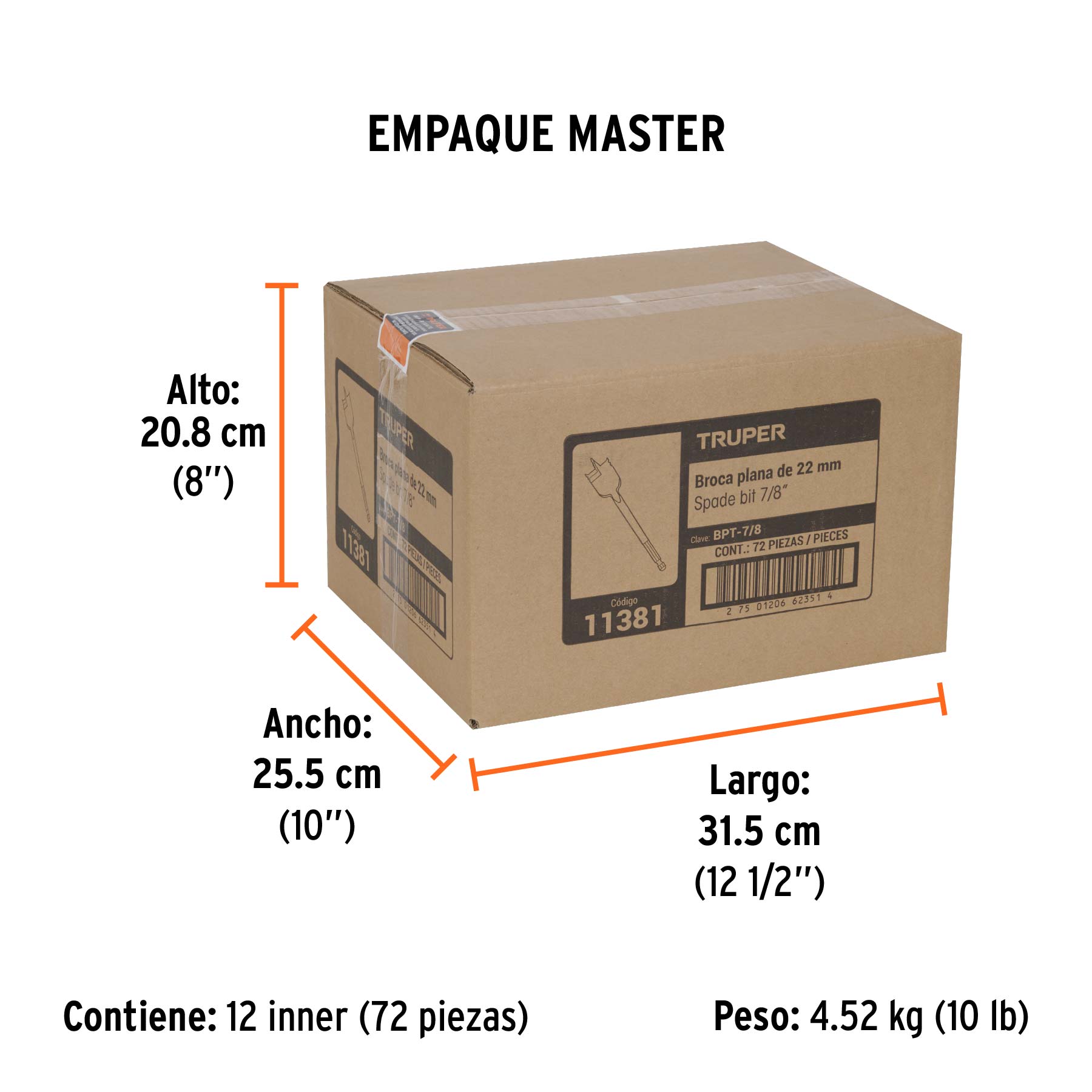 Broca plana de manita 7/8" para madera, TRUPER - Empaque