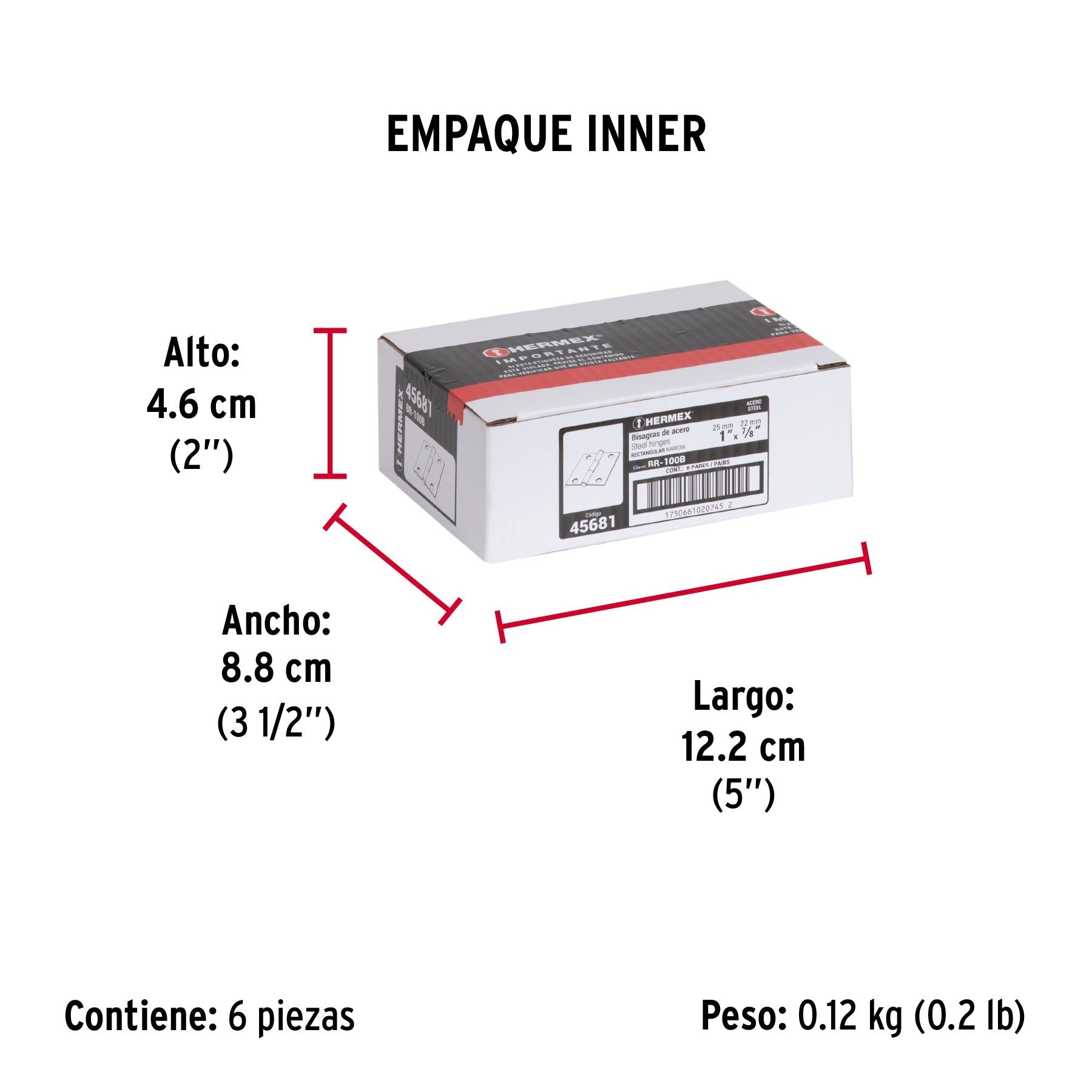 Bolsa con 2 bisagras rectangulares 1", acero pulido - Empaque