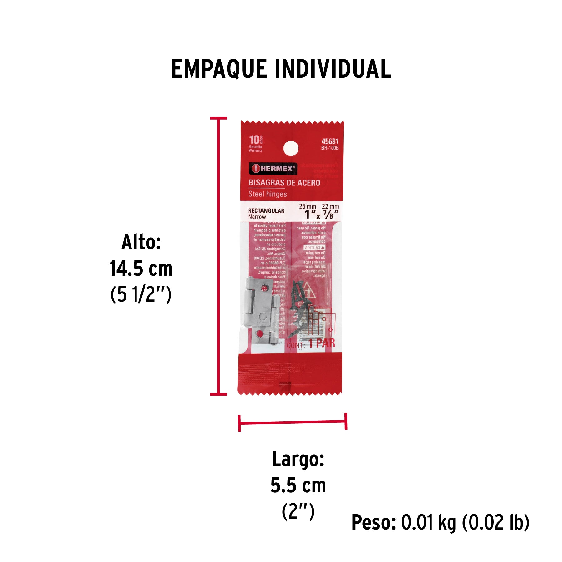 Bolsa con 2 bisagras rectangulares 1", acero pulido - Empaque