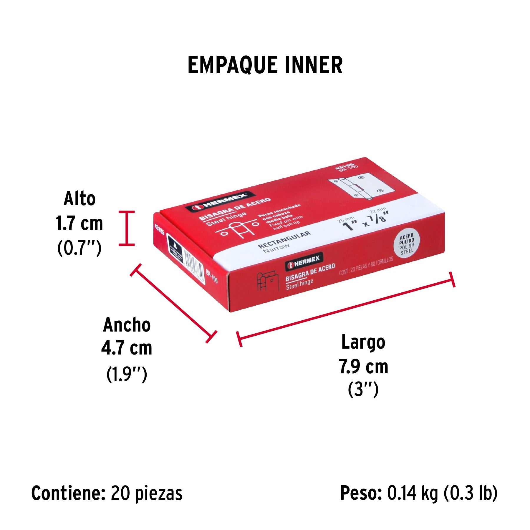 Bisagra rectangular 1" acero pulido, HERMEX - Empaque