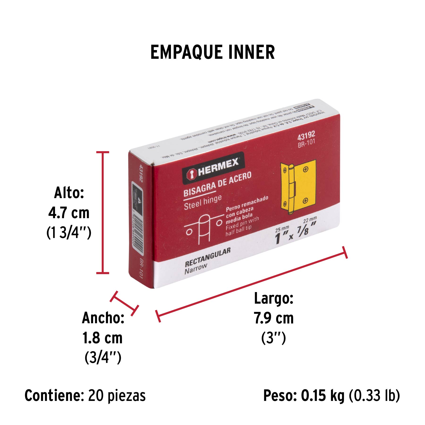 Bisagra rectangular 1" acero latonado, HERMEX - Empaque