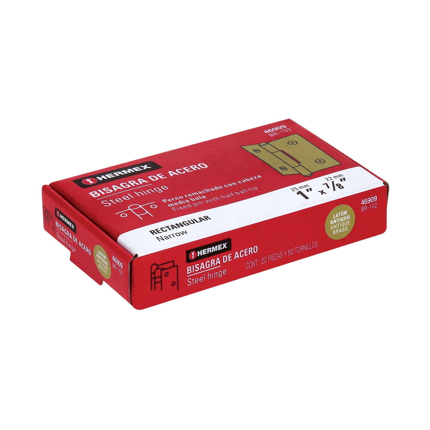 Bisagra rectangular 1" latón antiguo, HERMEX