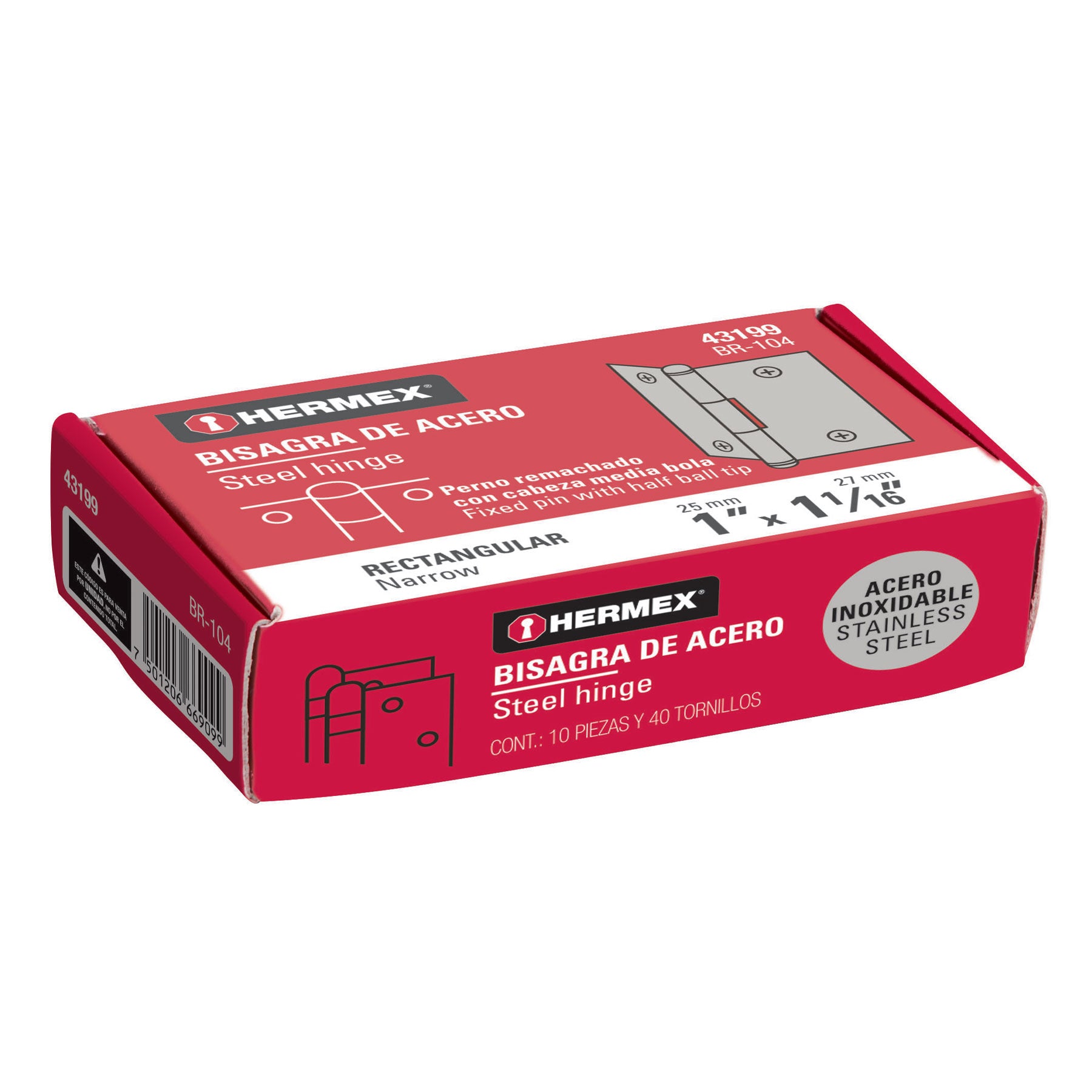 Bisagra rectangular 1" acero inoxidable, HERMEX