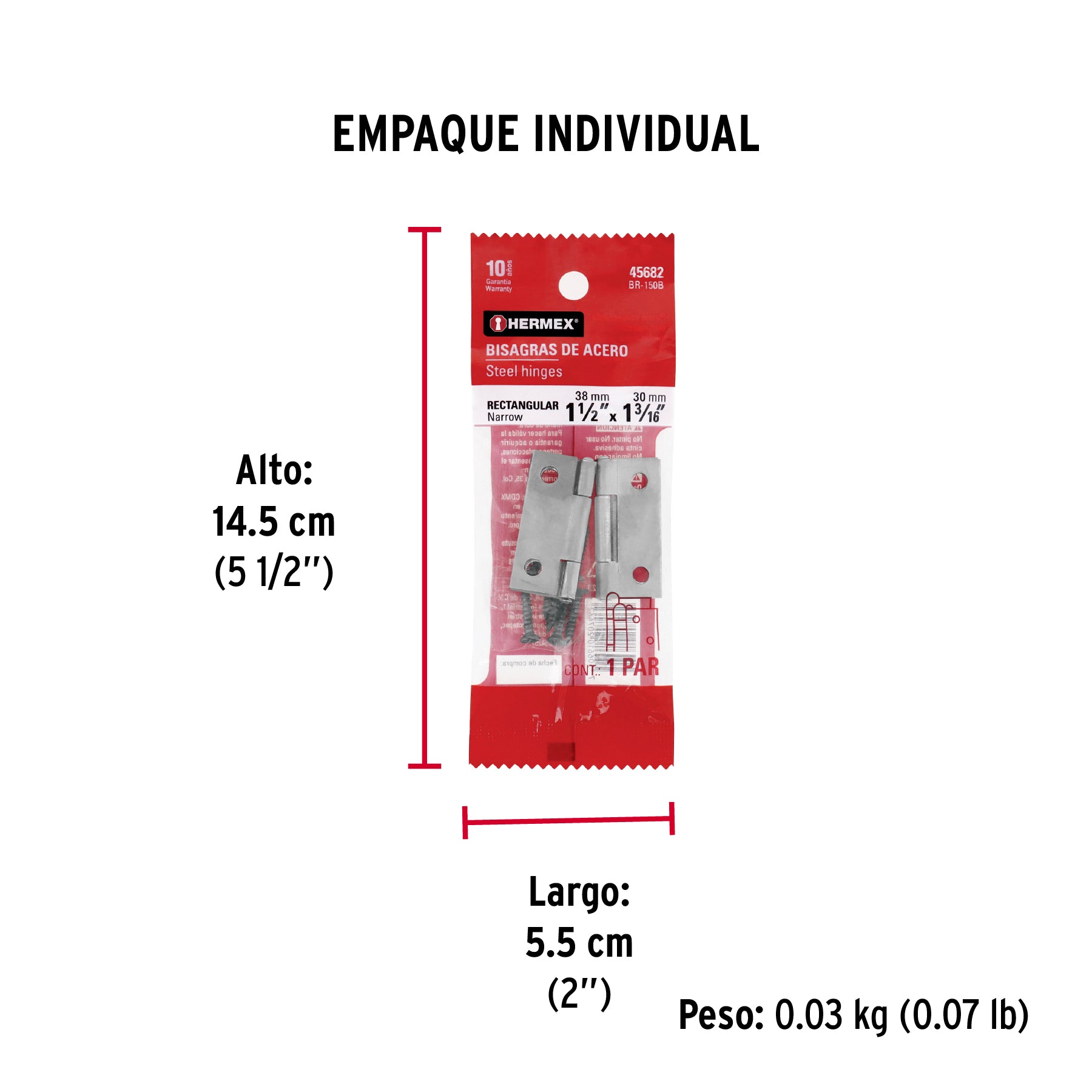 Bolsa con 2 bisagras rectangulares 1-1/2", acero pulido - Empaque