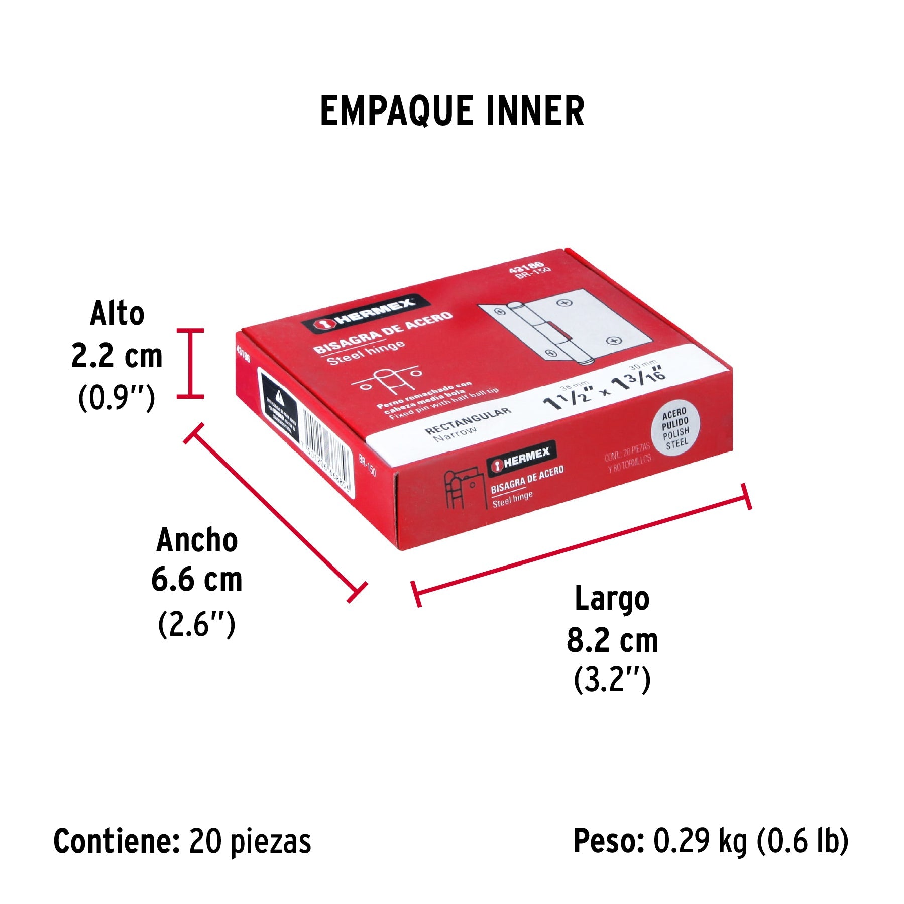Bisagra rectangular 1-1/2" acero pulido, HERMEX - Empaque