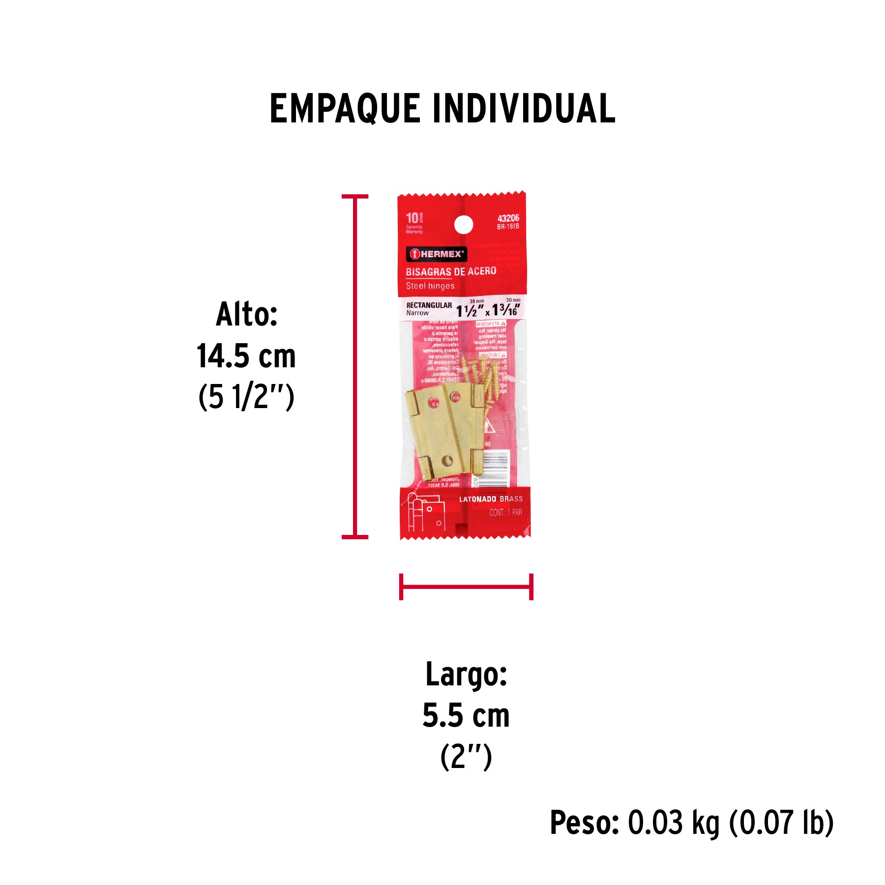 Bolsa con 2 bisagras rectangulares 1-1/2", acero latonado - Empaque