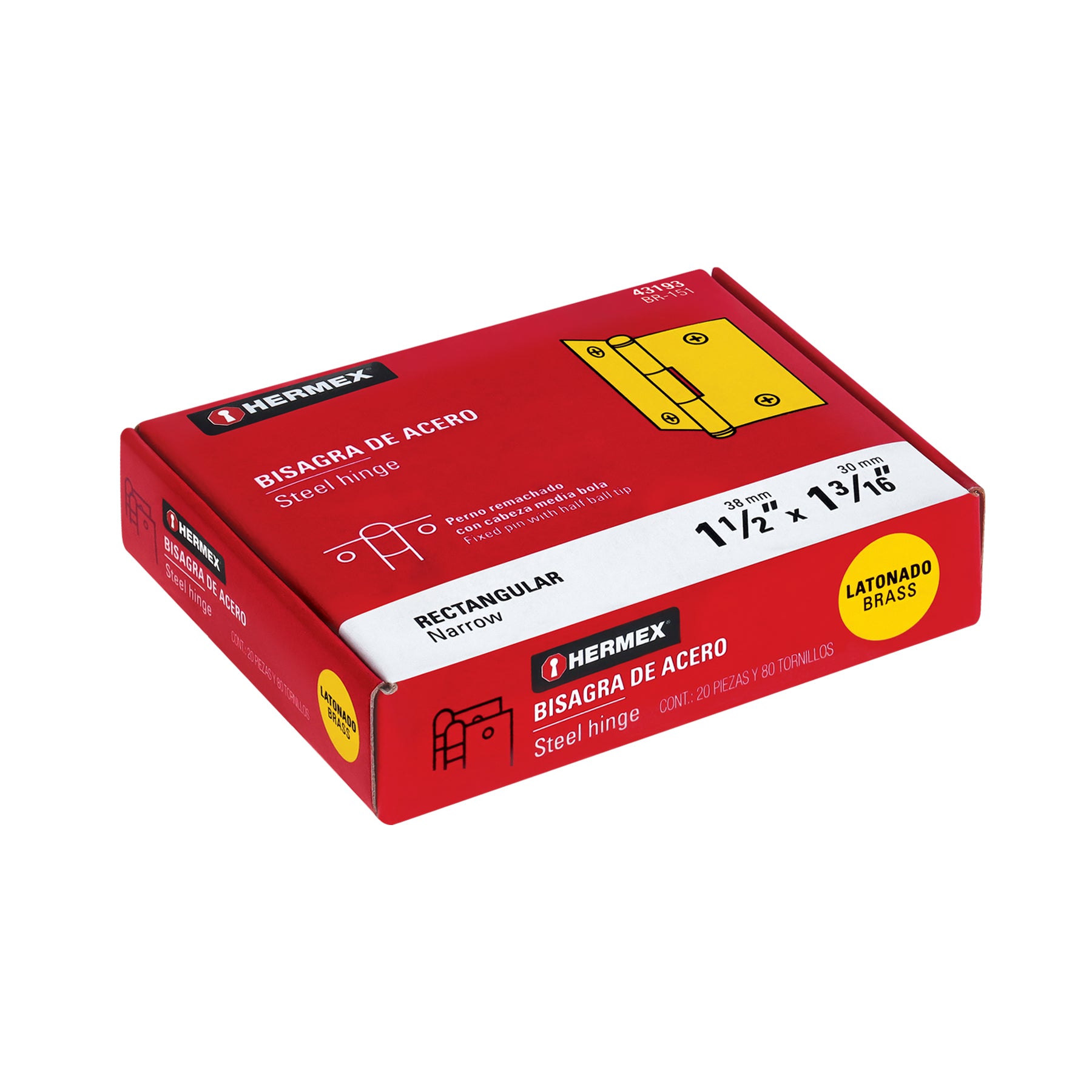 Bisagra rectangular 1-1/2" acero latonado, HERMEX