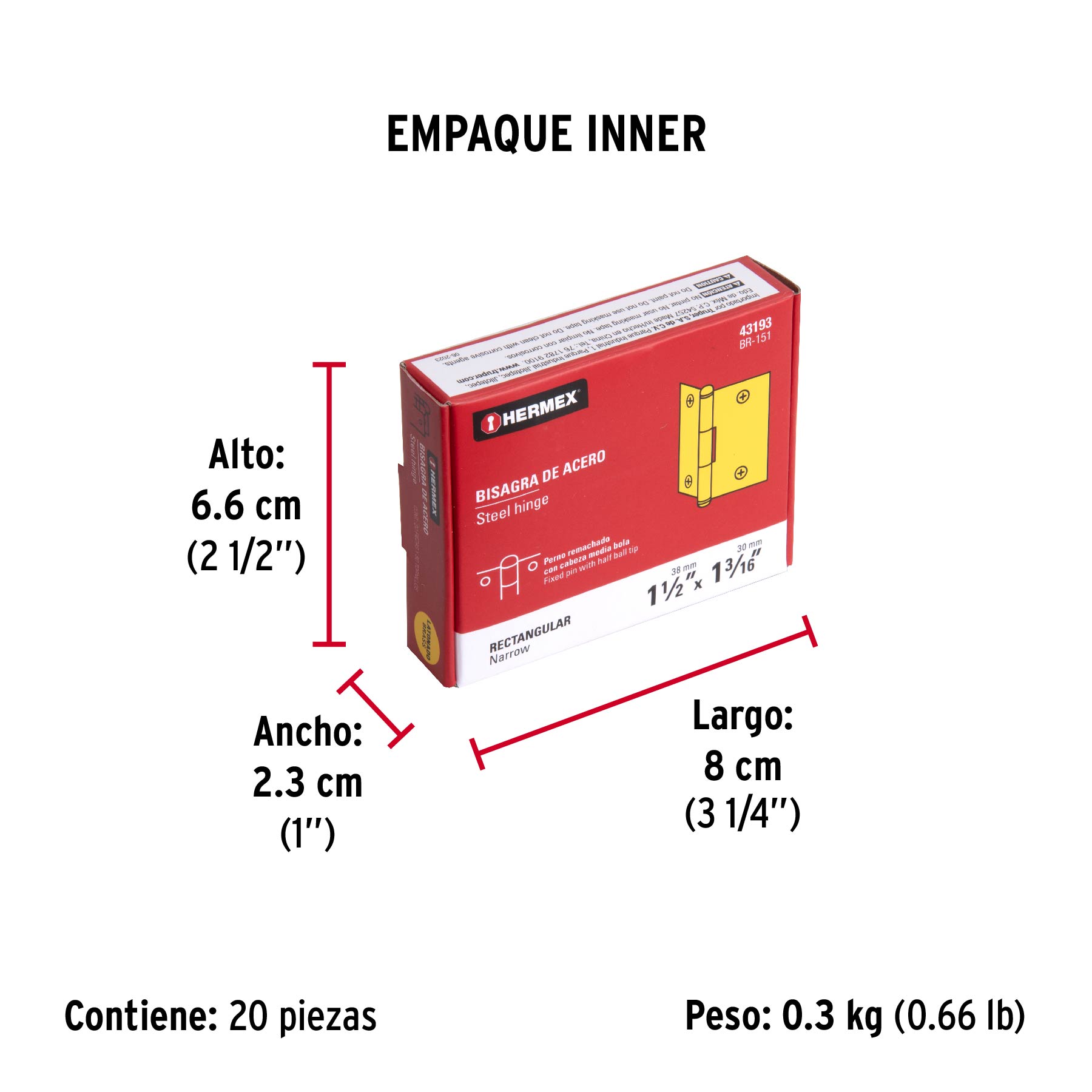 Bisagra rectangular 1-1/2" acero latonado, HERMEX - Empaque