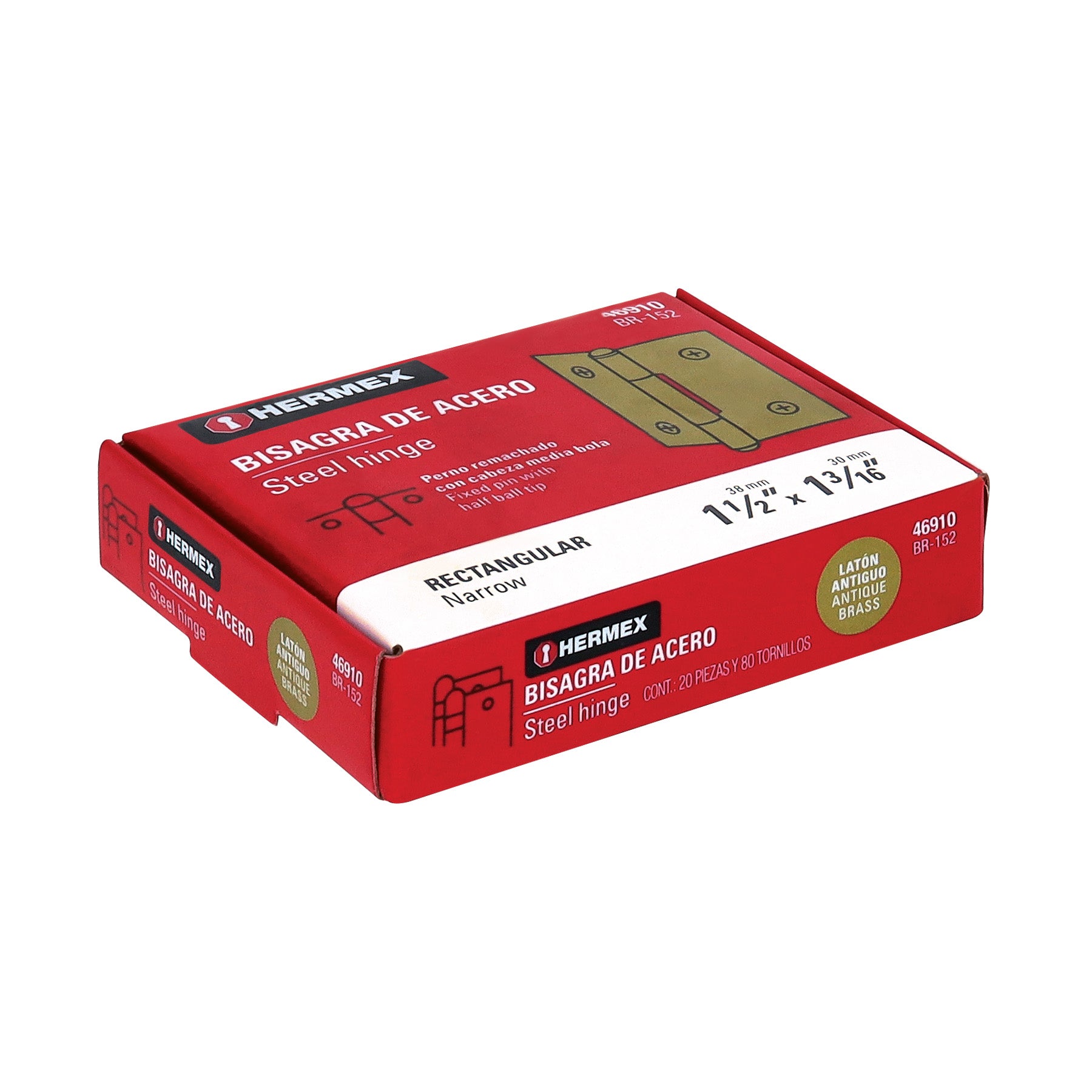 Bisagra rectangular 1-1/2" latón antiguo, HERMEX