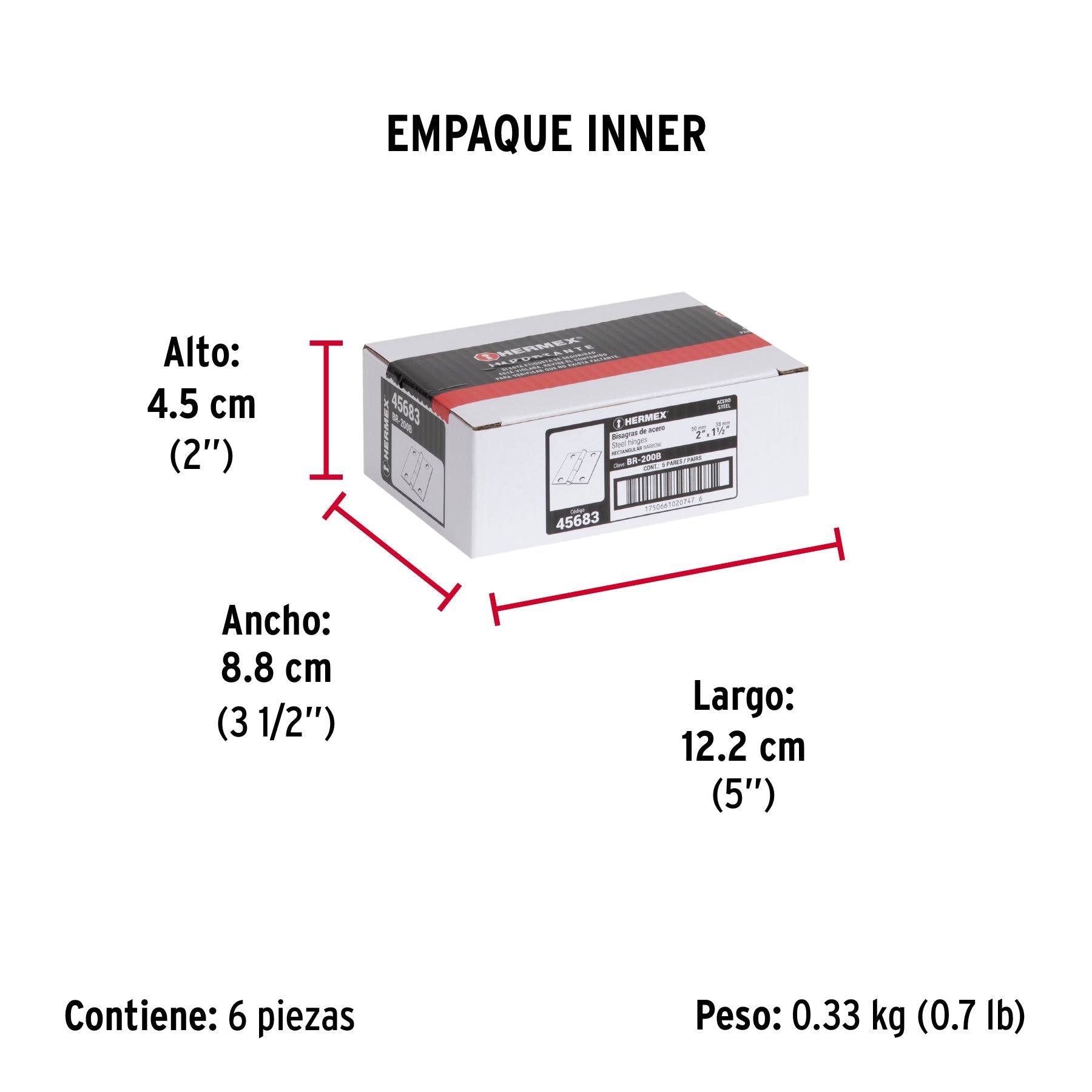 Bolsa con 2 bisagras rectangulares 2", acero pulido - Empaque