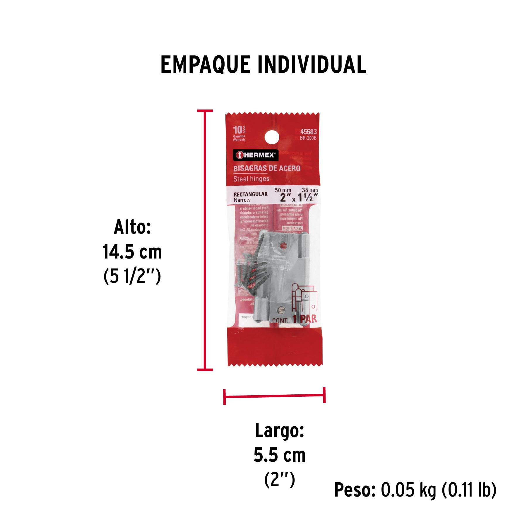 Bolsa con 2 bisagras rectangulares 2", acero pulido - Empaque