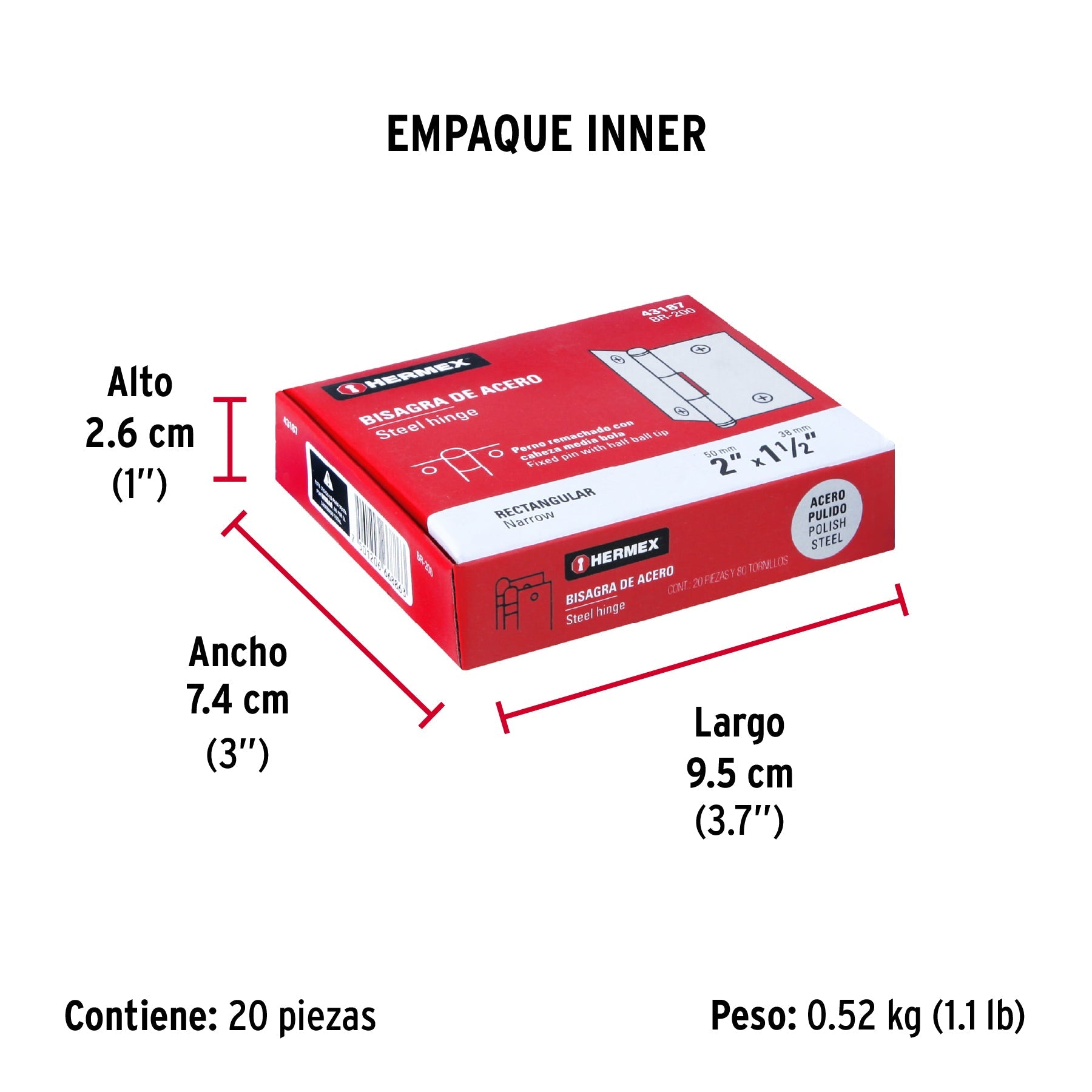Bisagra rectangular 2" acero pulido, HERMEX - Empaque