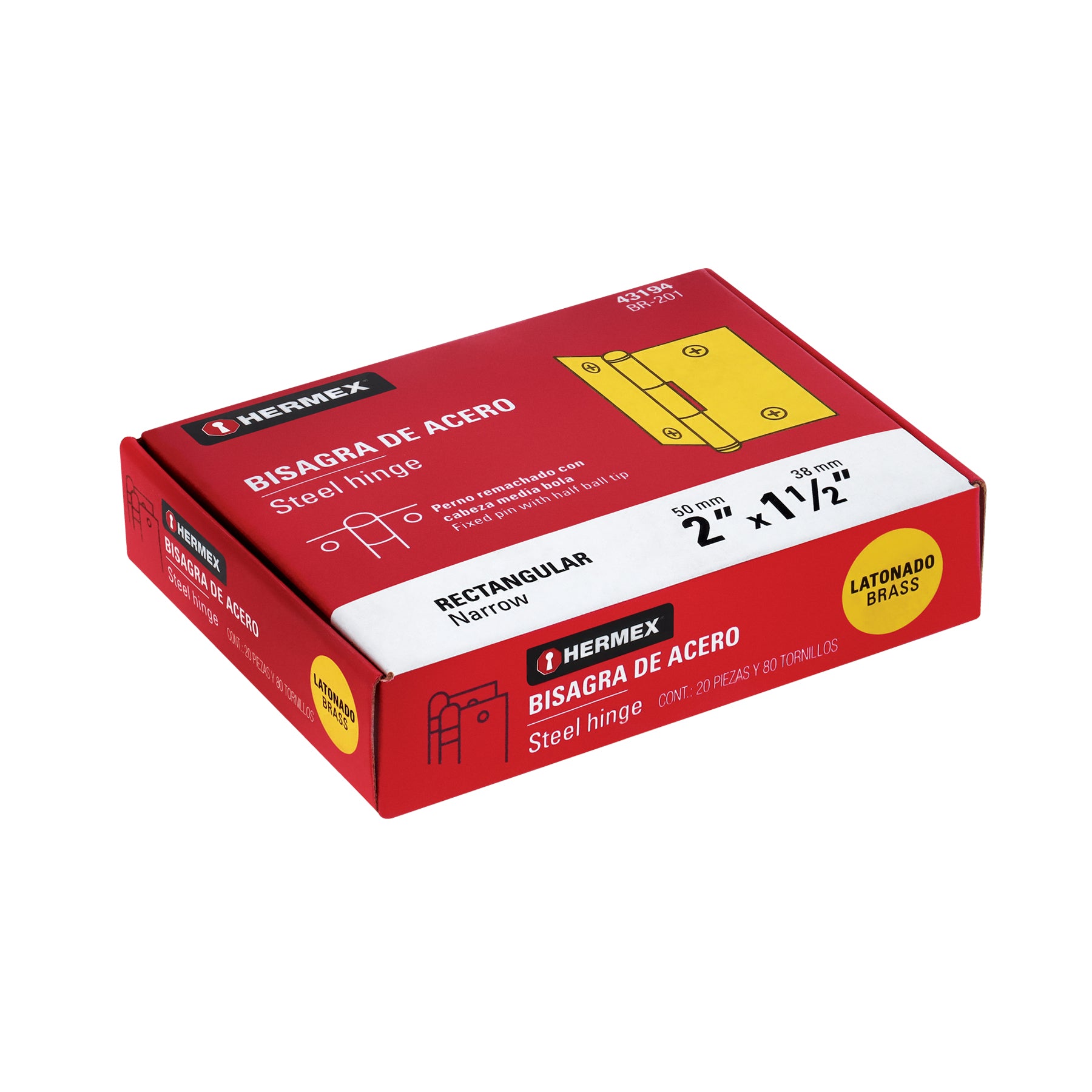 Bisagra rectangular 2" acero latonado, HERMEX